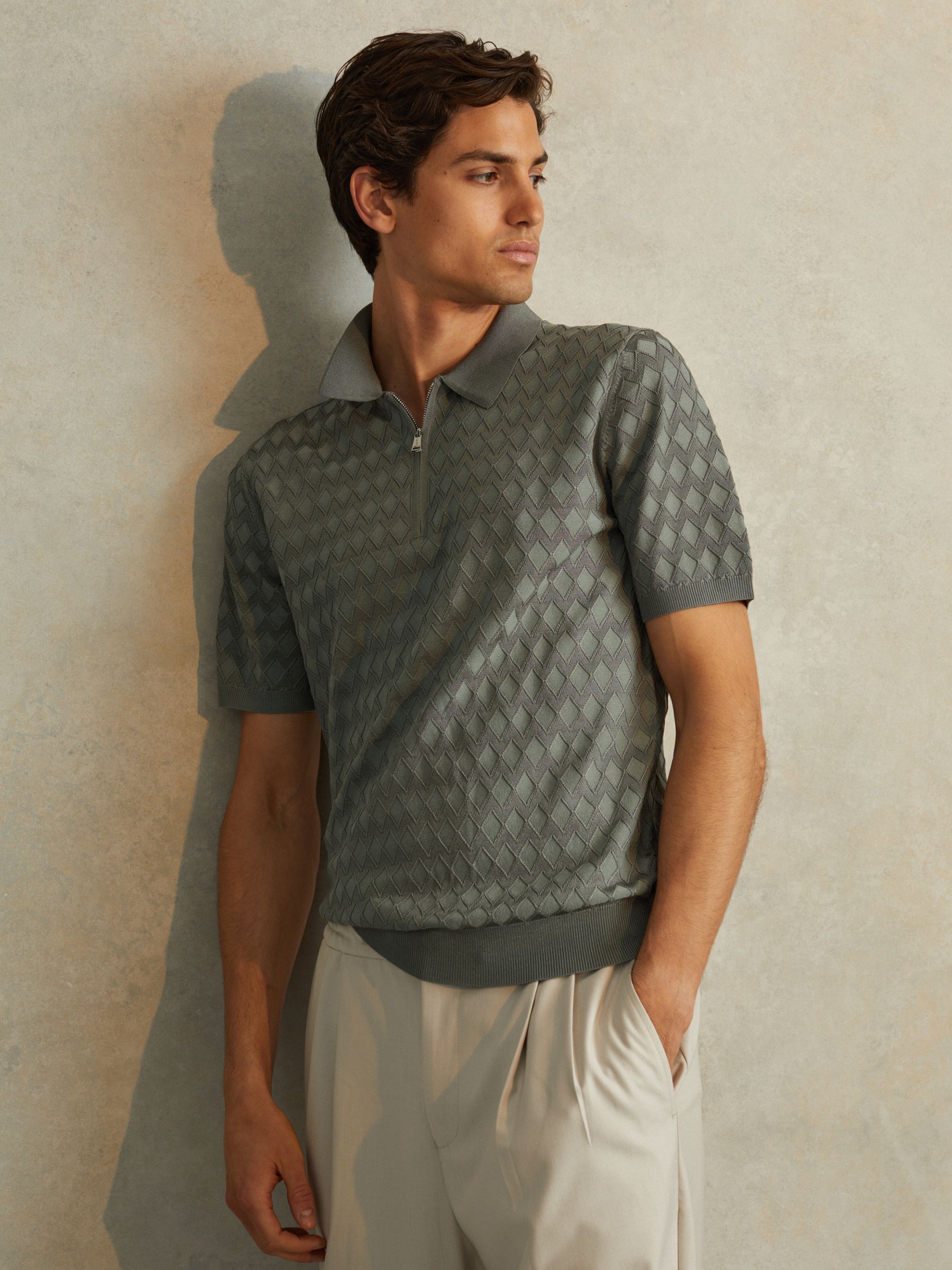 Half Zip Knitted Polo Shirt in Sage