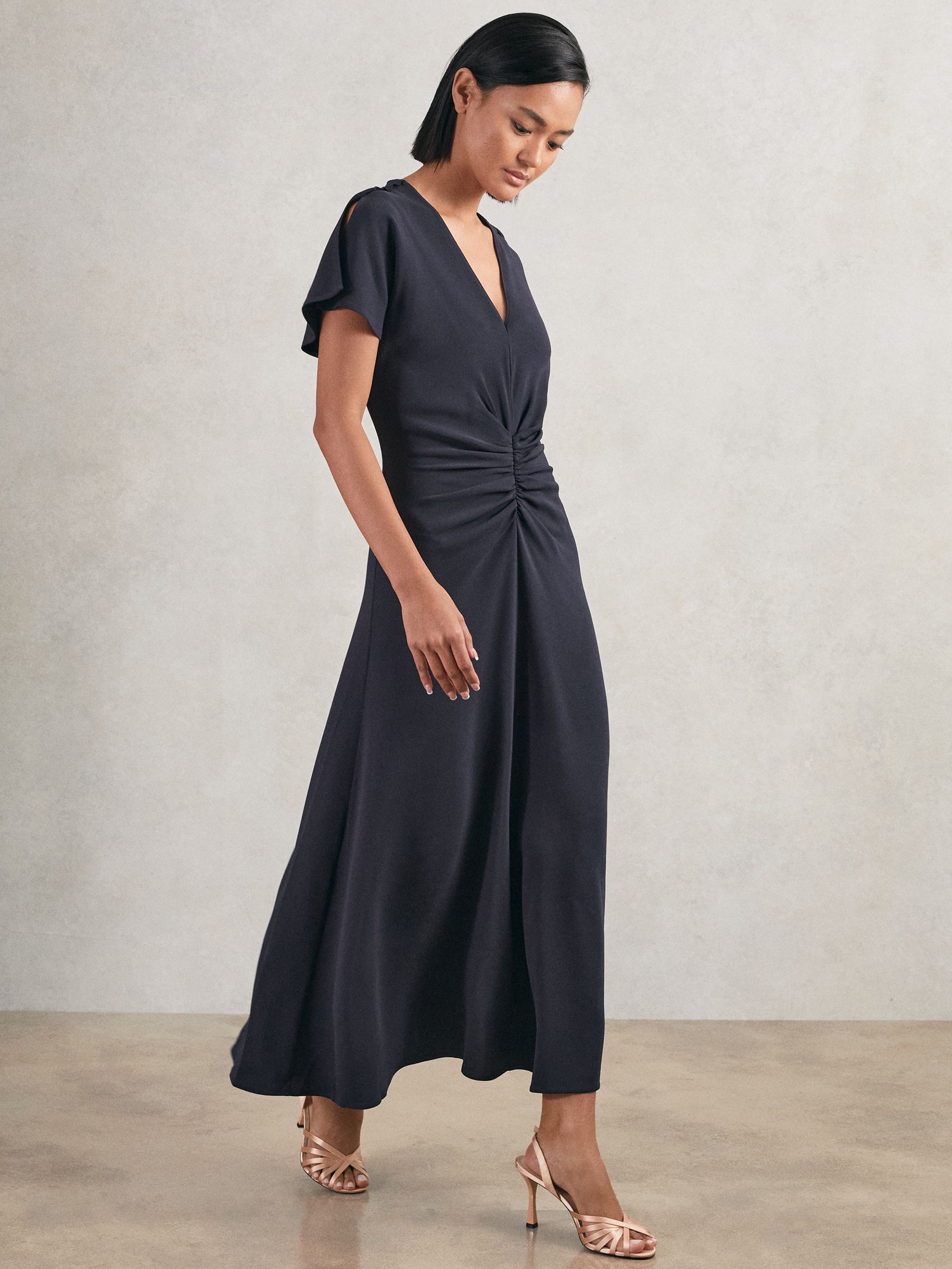 Ruched-Front Midi Dress in Navy