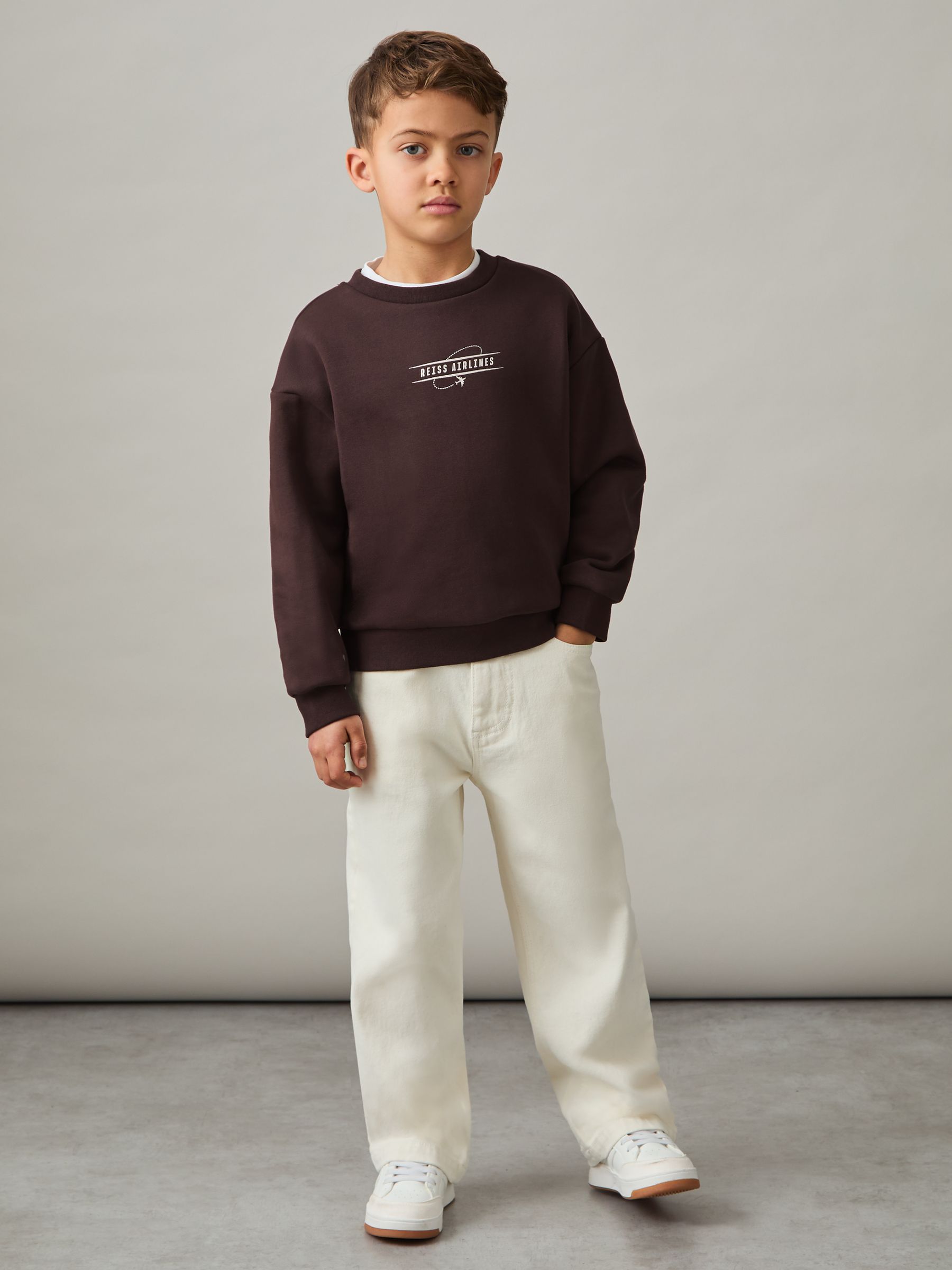 9-13 yrs Cotton-Blend Airlines-Print Sweatshirt in Chocolate Brown/Off White