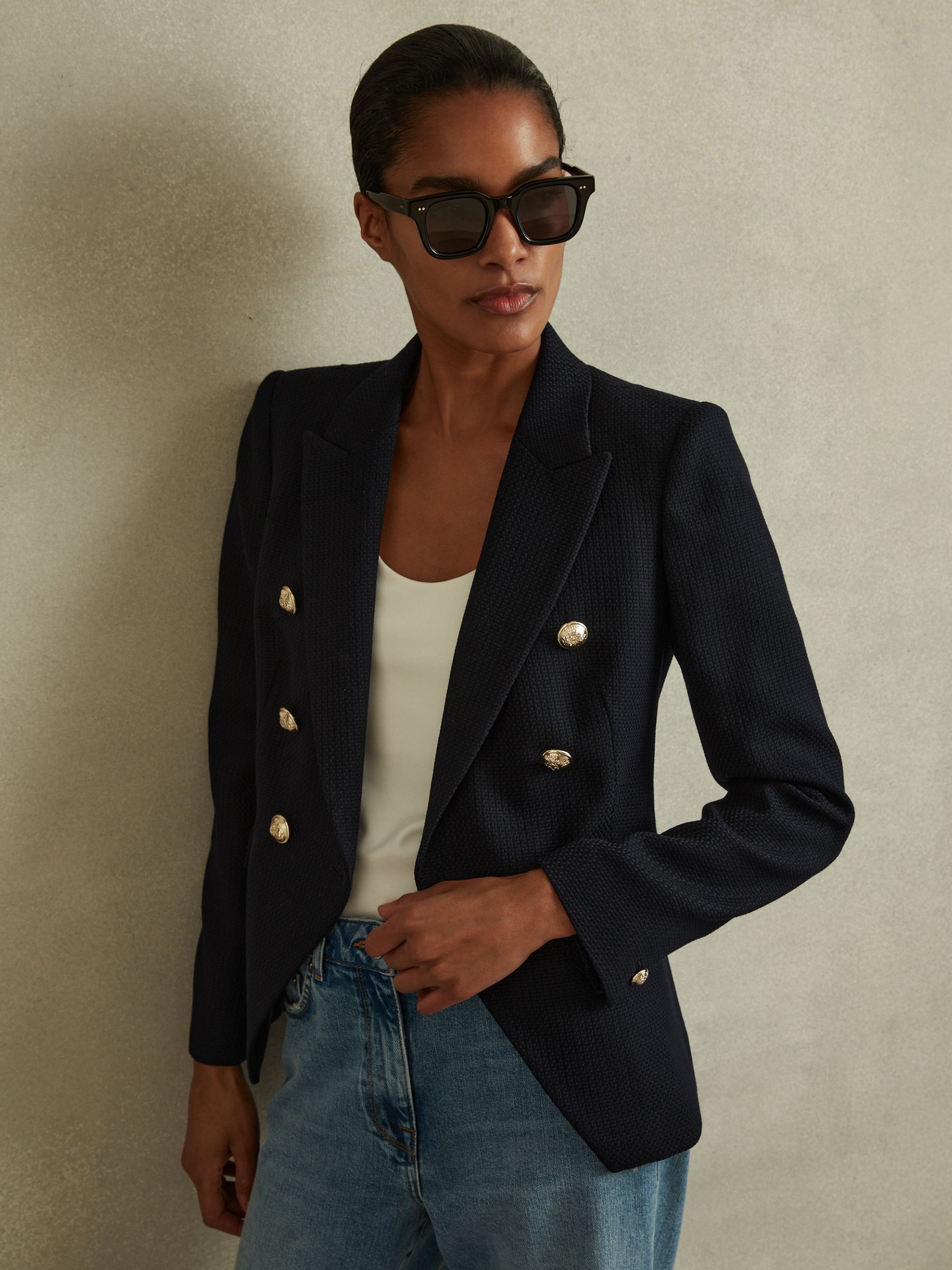 Petite Tailored Fit Textured Double Breasted Blazer in Navy