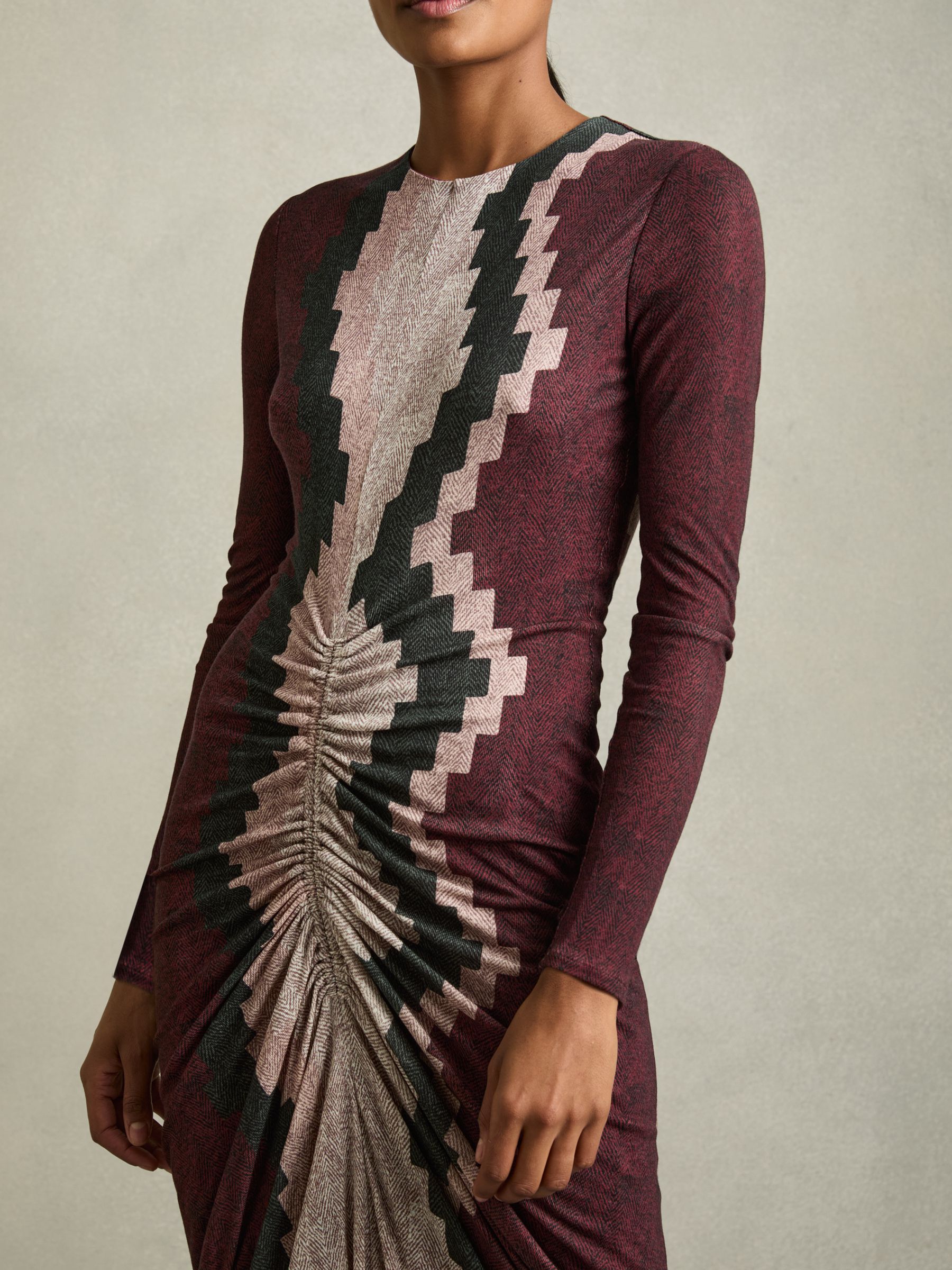 Petite Jersey Ruched Printed Dress With Wool in Burgundy