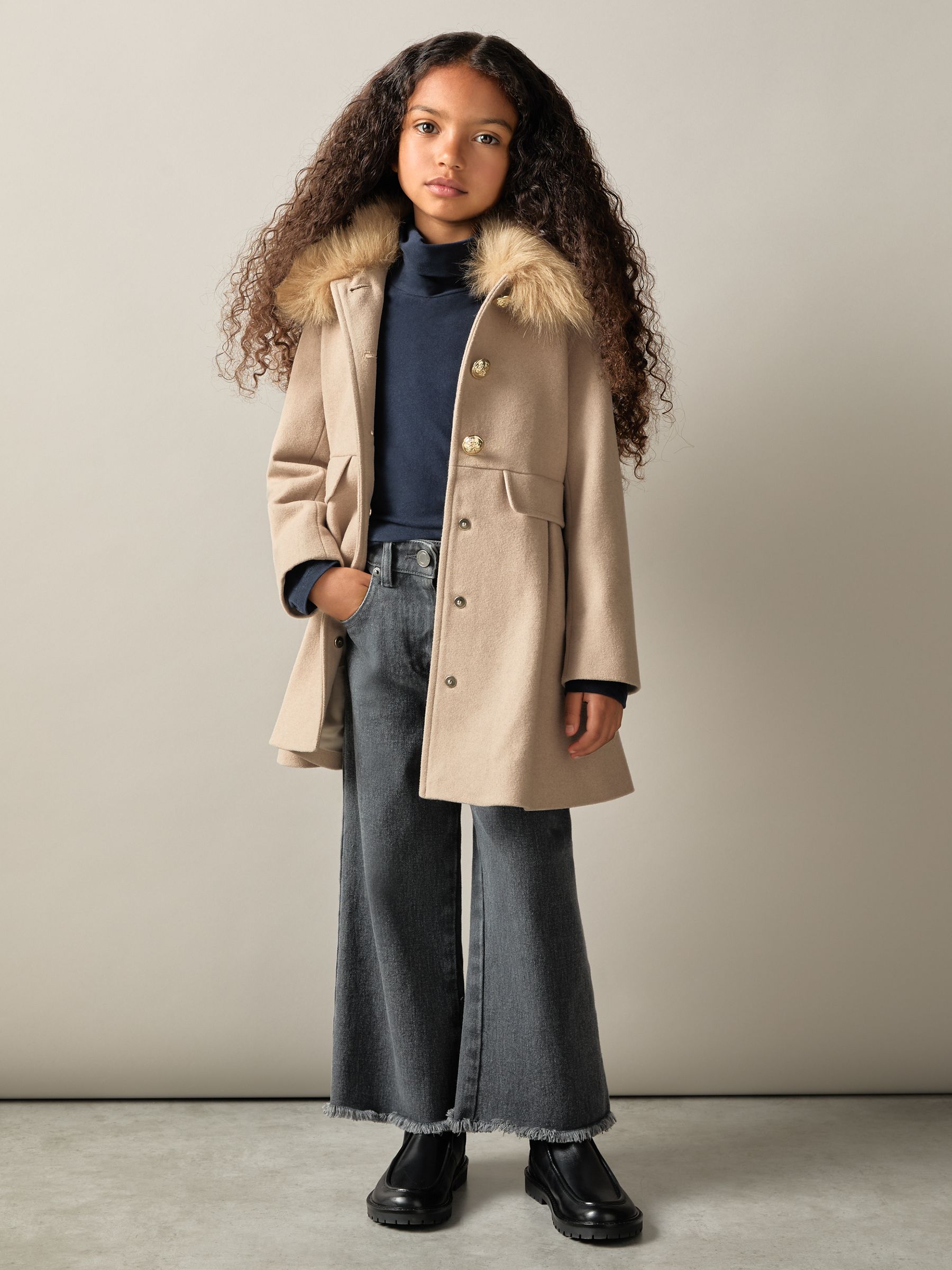 13-14 yrs Faux Fur Collar Wool Blend Coat in Oatmeal