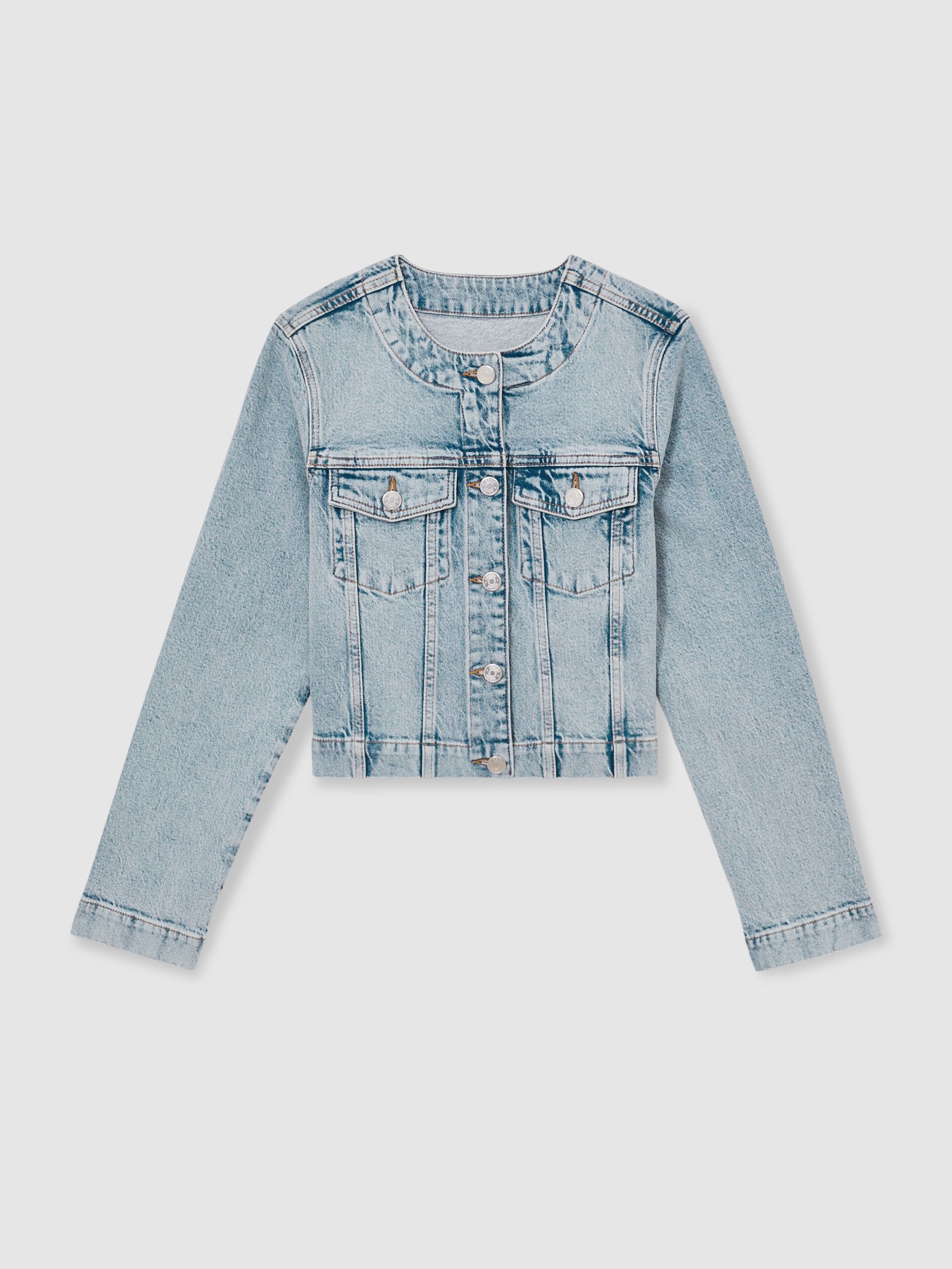 Collarless Cropped Denim Jacket in Light Blue