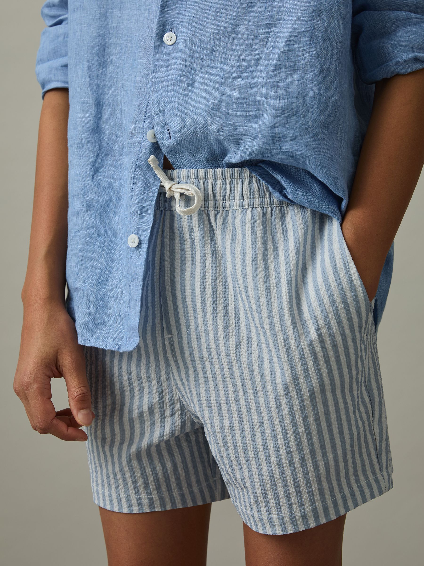 3-9 yrs Seersucker Striped Swim Shorts in Soft Blue/White