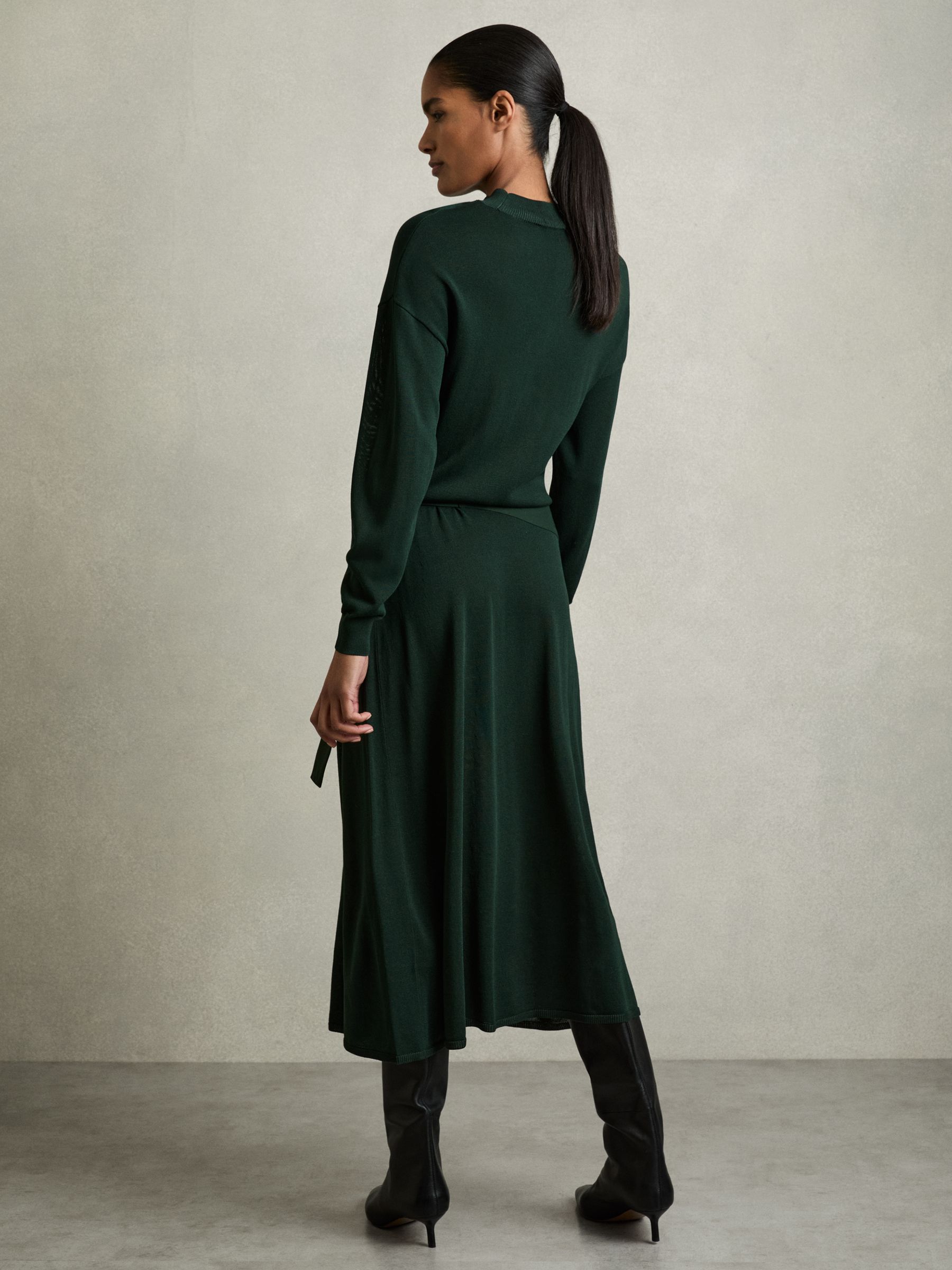 Compact-Knit Belted Midi Dress in Dark Green