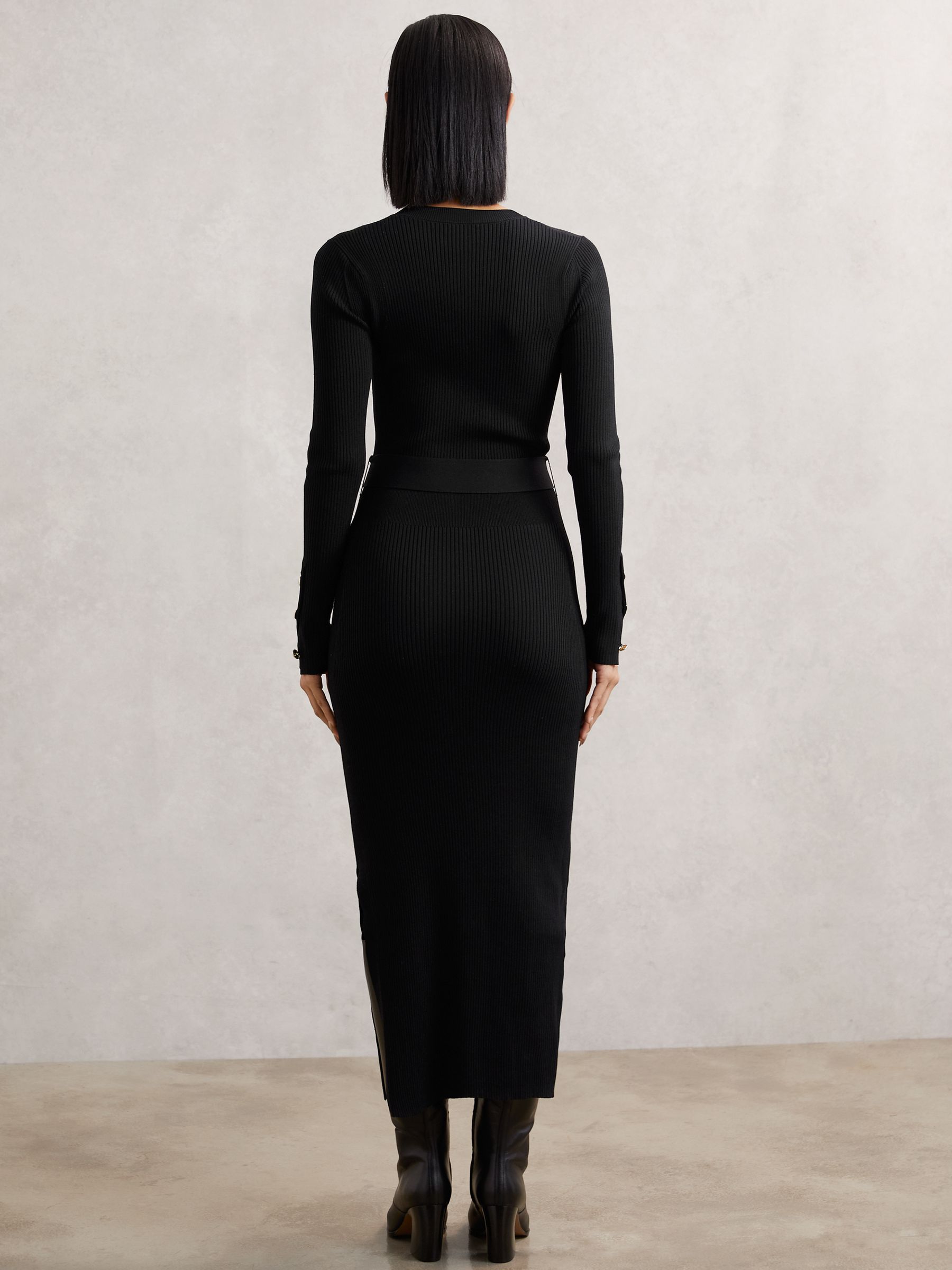 Buttoned Rib-Knit Midi Dress in Black