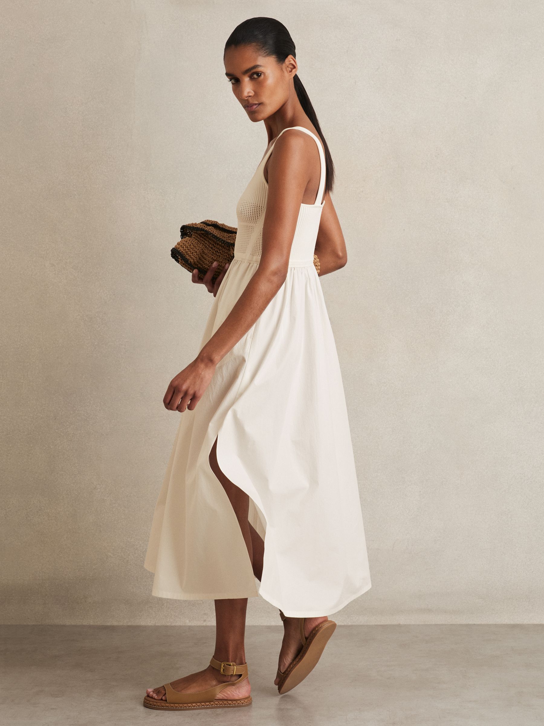 Perforated-Knit Cotton-Skirt Midi Dress in Ivory