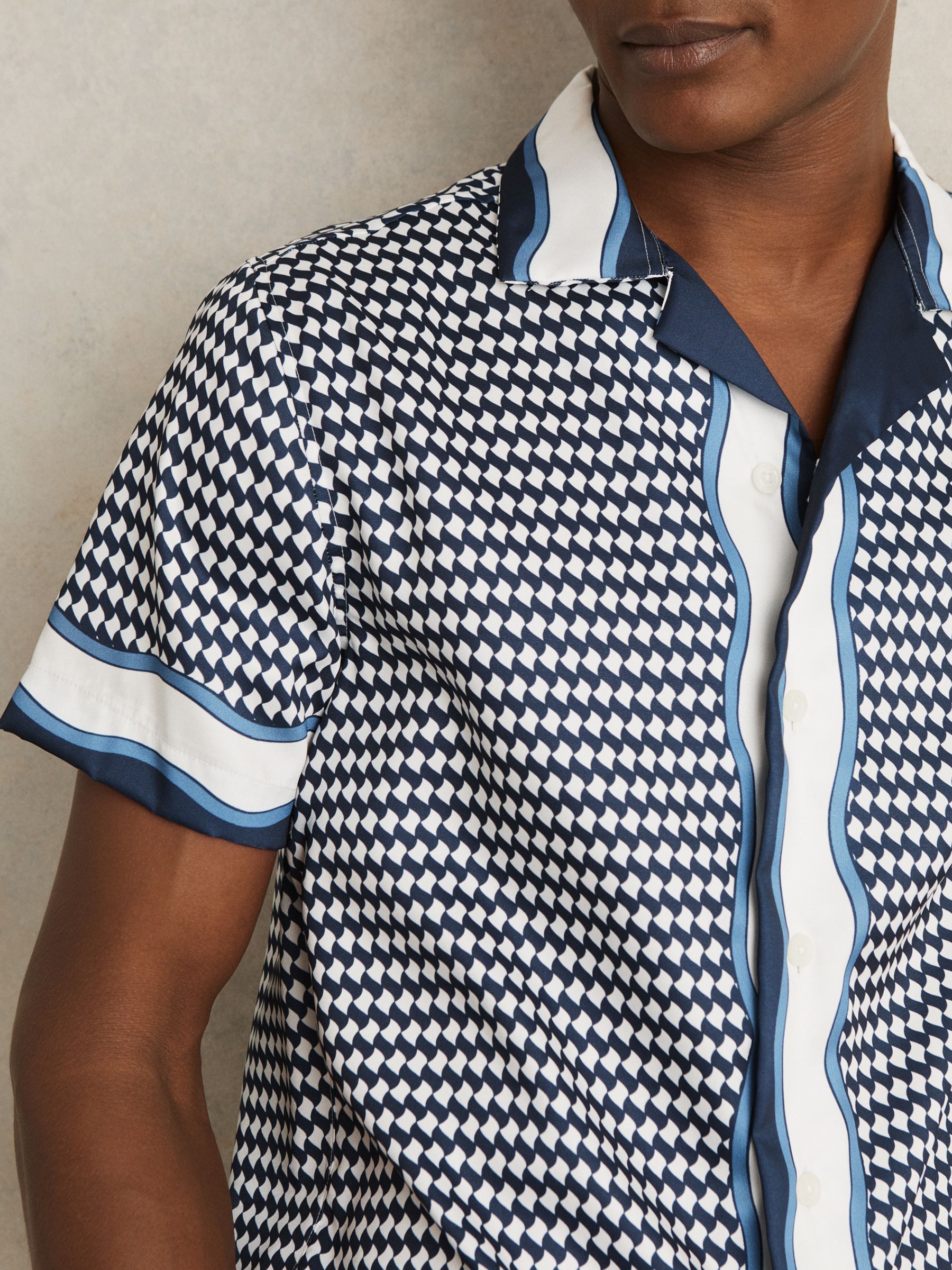 Geometric-Print Cuban-Collar Shirt in White/Navy