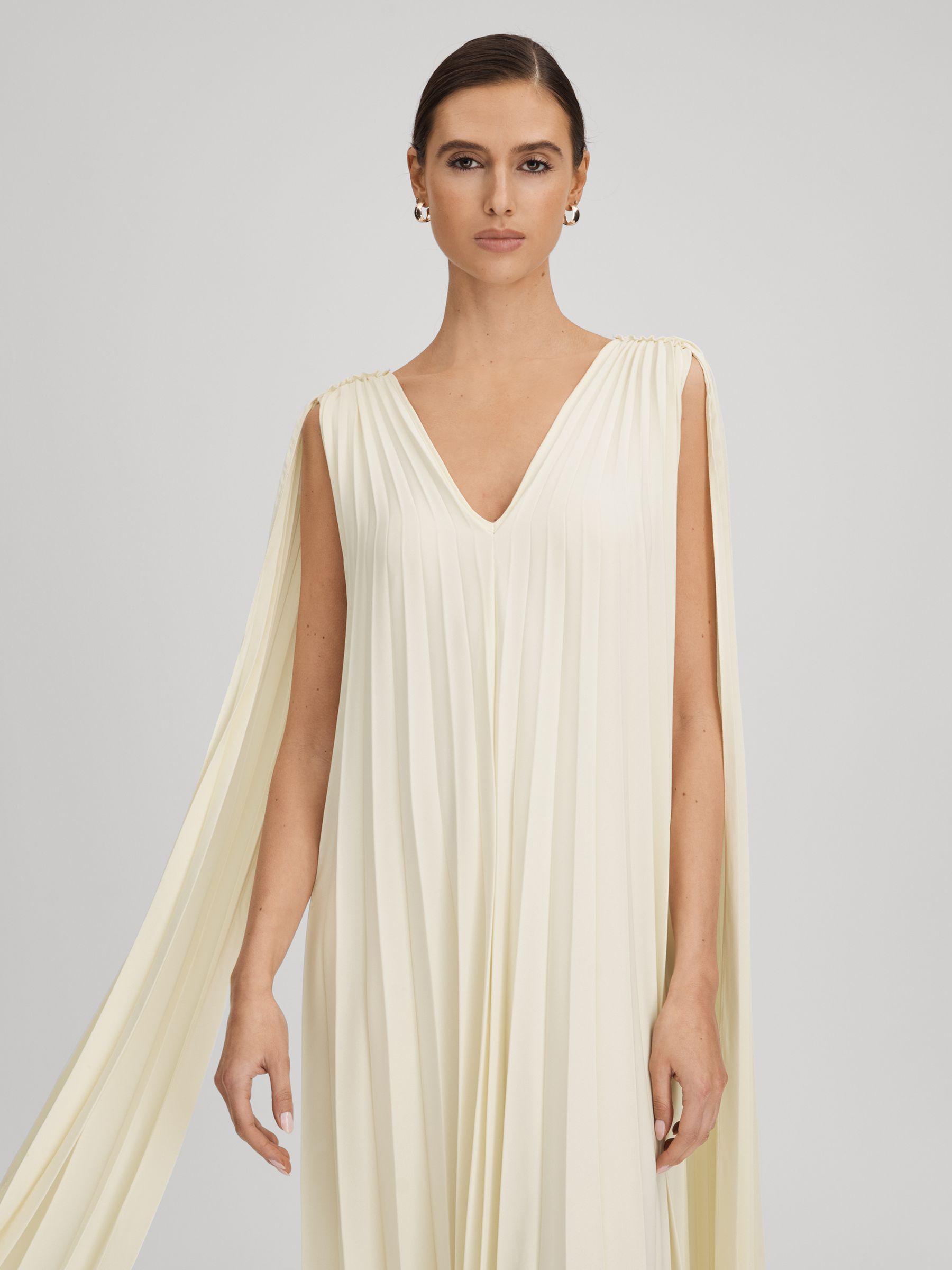 Pleated Cape Sleeve Midi Dress in Lemon