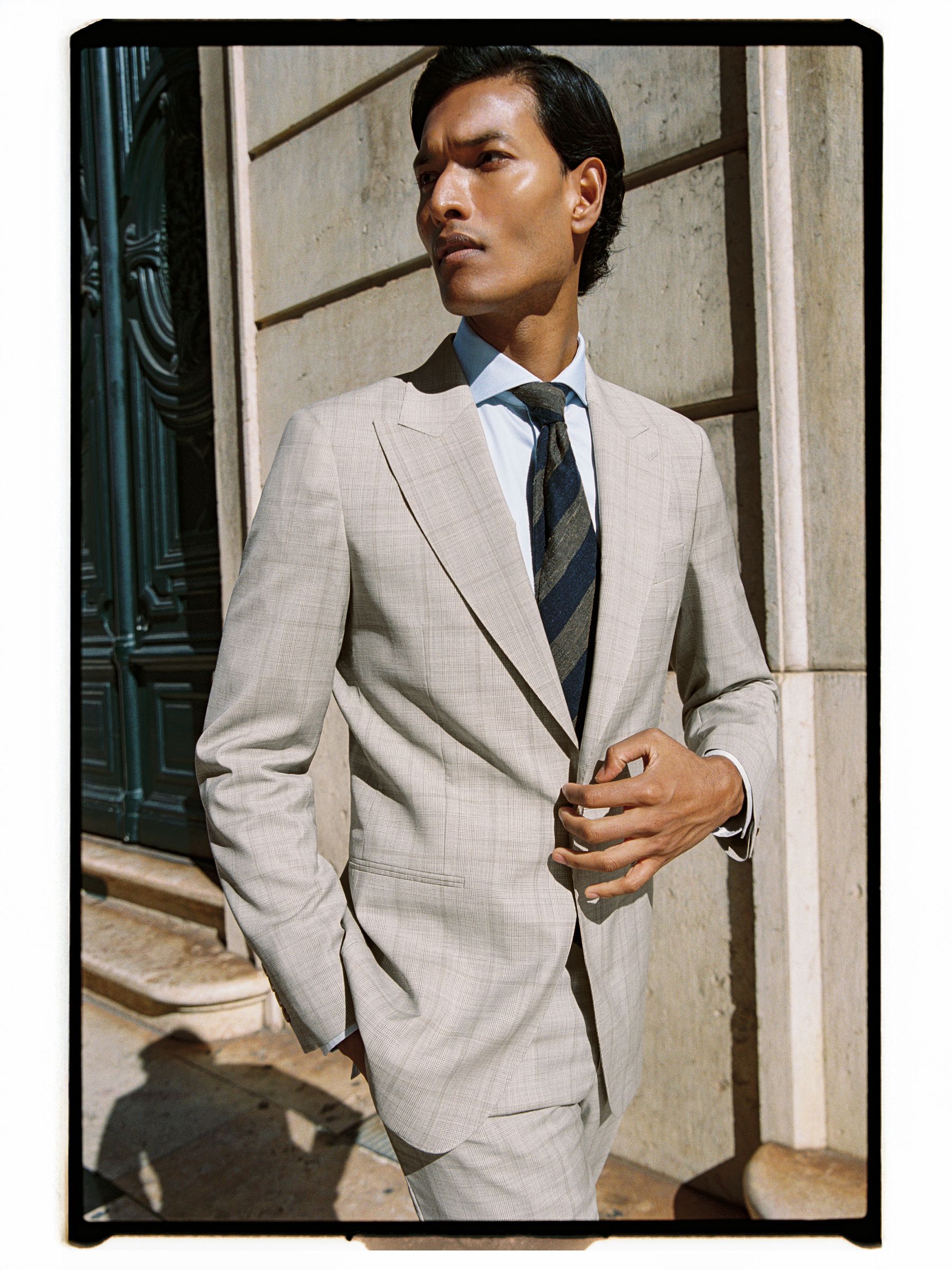 Slim-Fit Single-Breasted Wool Check Suit Blazer in Oatmeal Brown