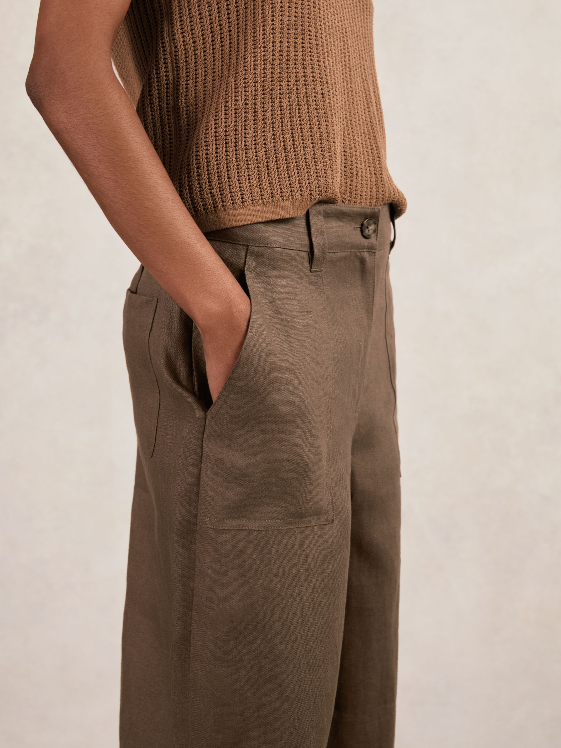 Petite Linen Wide Leg Trousers in Chocolate Brown