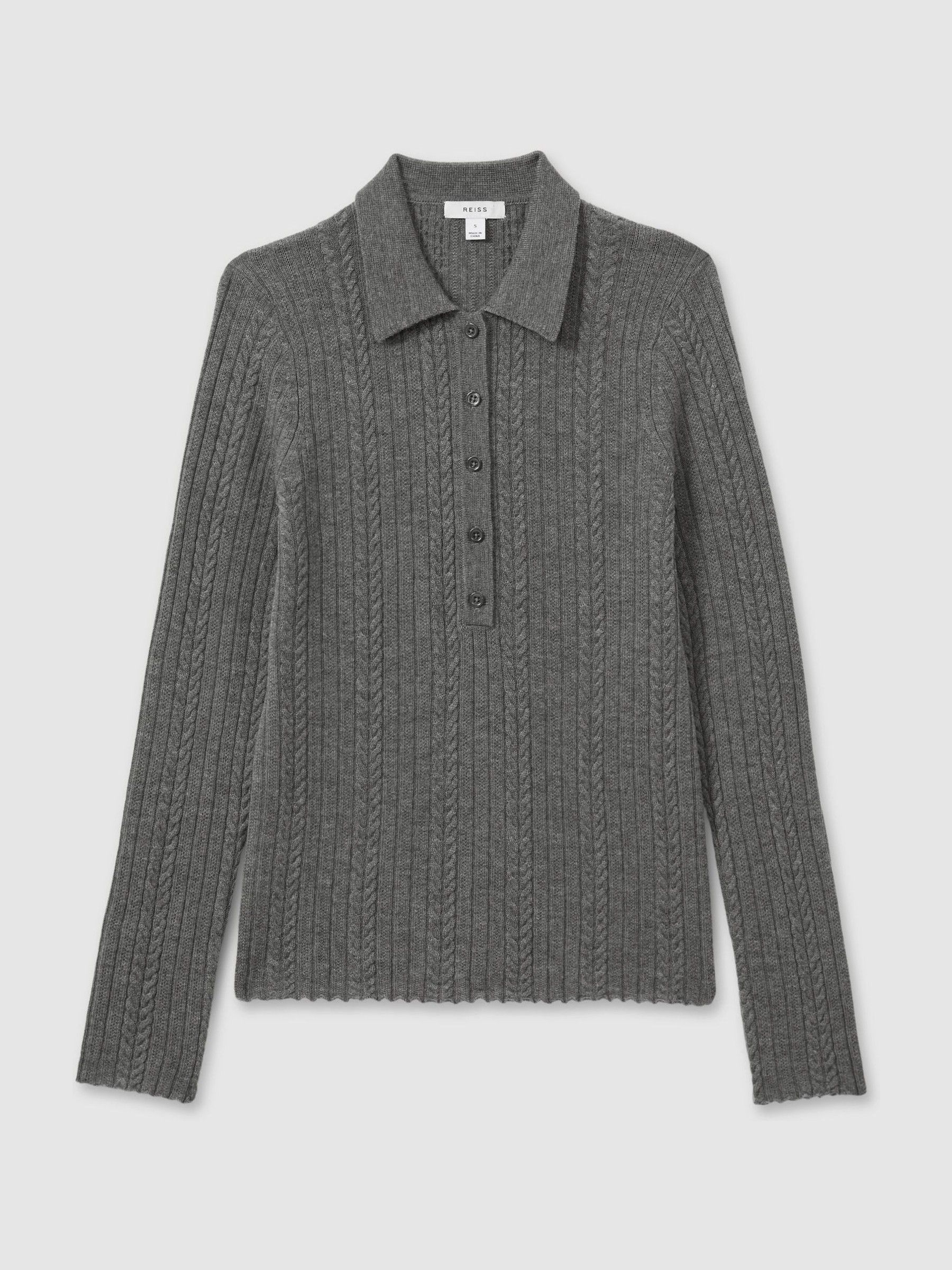 Wool Cable Knit Polo Neck Jumper in Charcoal