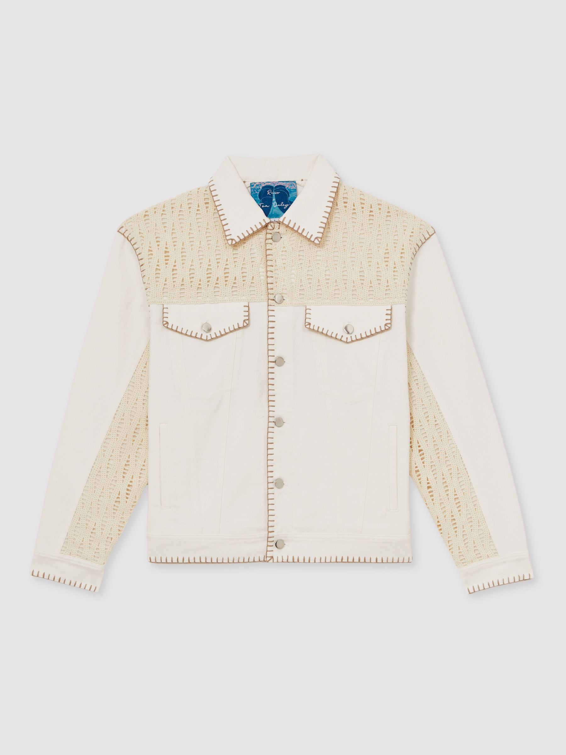Reiss | Tom Daley Crochet Denim Jacket in Off White