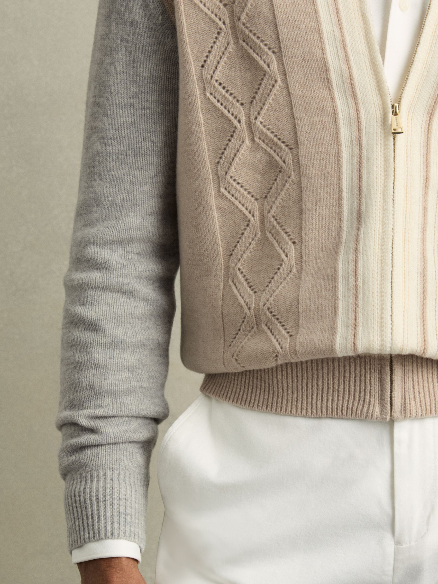 Wool Colour-Block Zip-Through Cardigan in Oatmeal/White