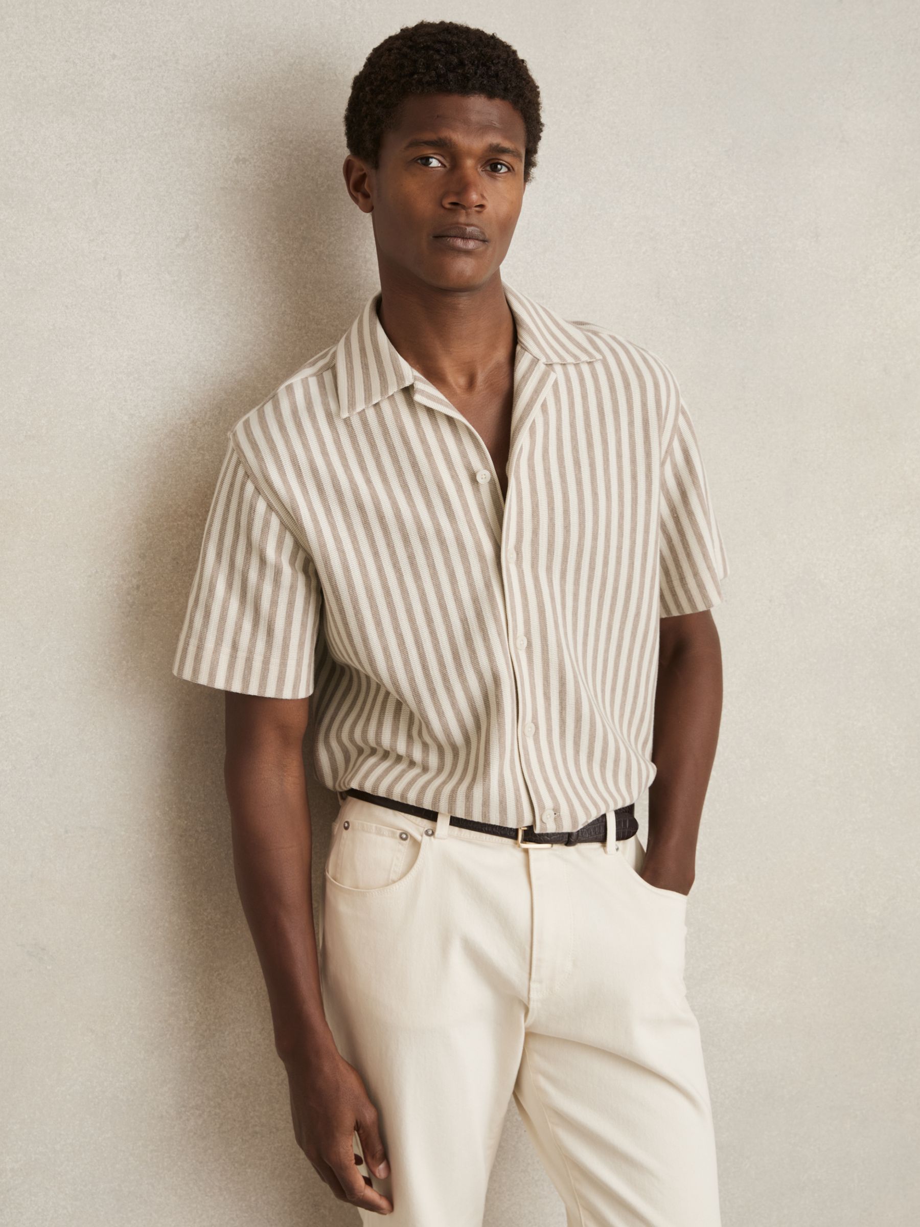 Textured Stripe Cuban-Collar Shirt in Stone/White