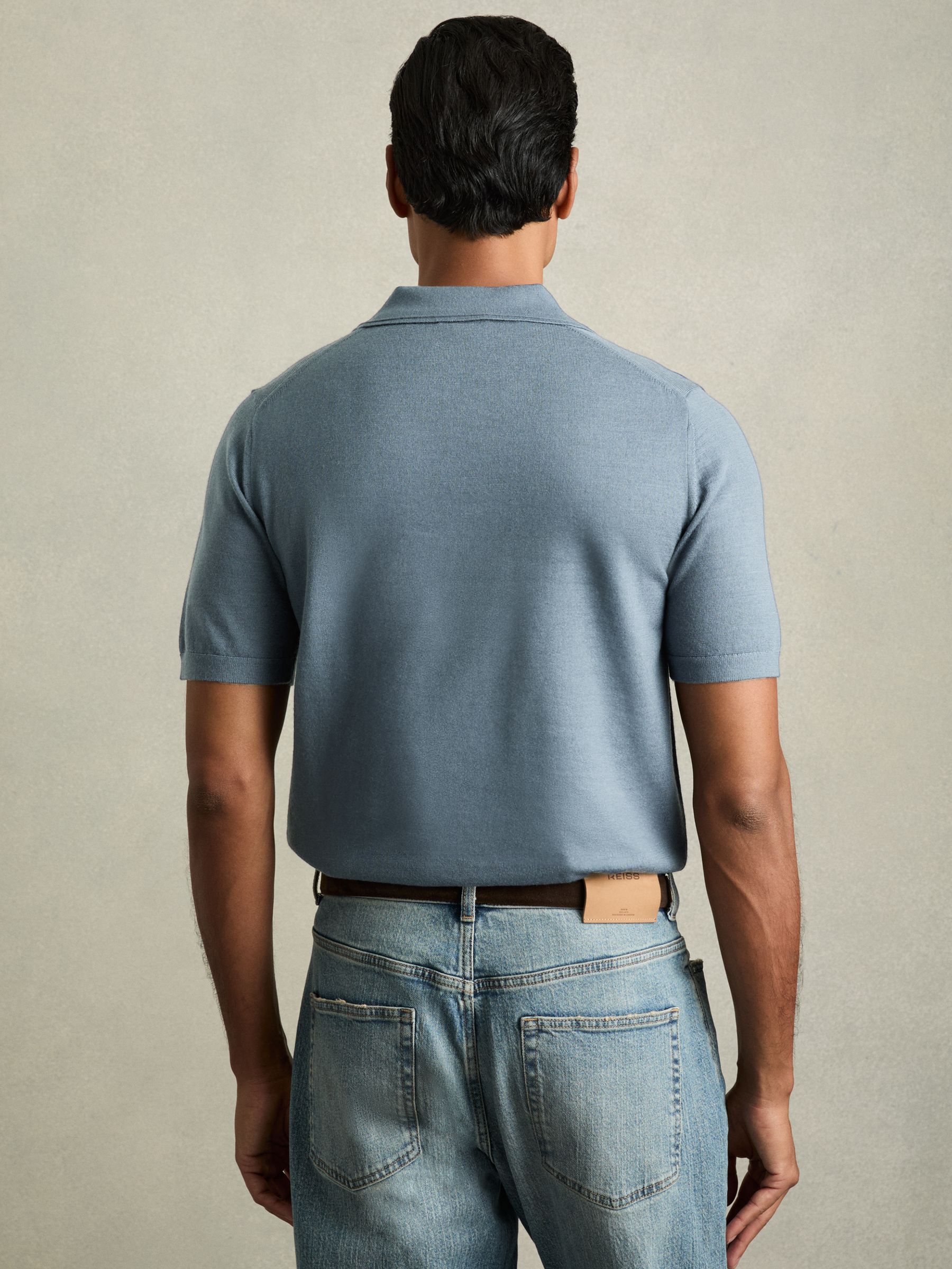 Merino Wool Open Collar Polo Shirt in Airforce Blue