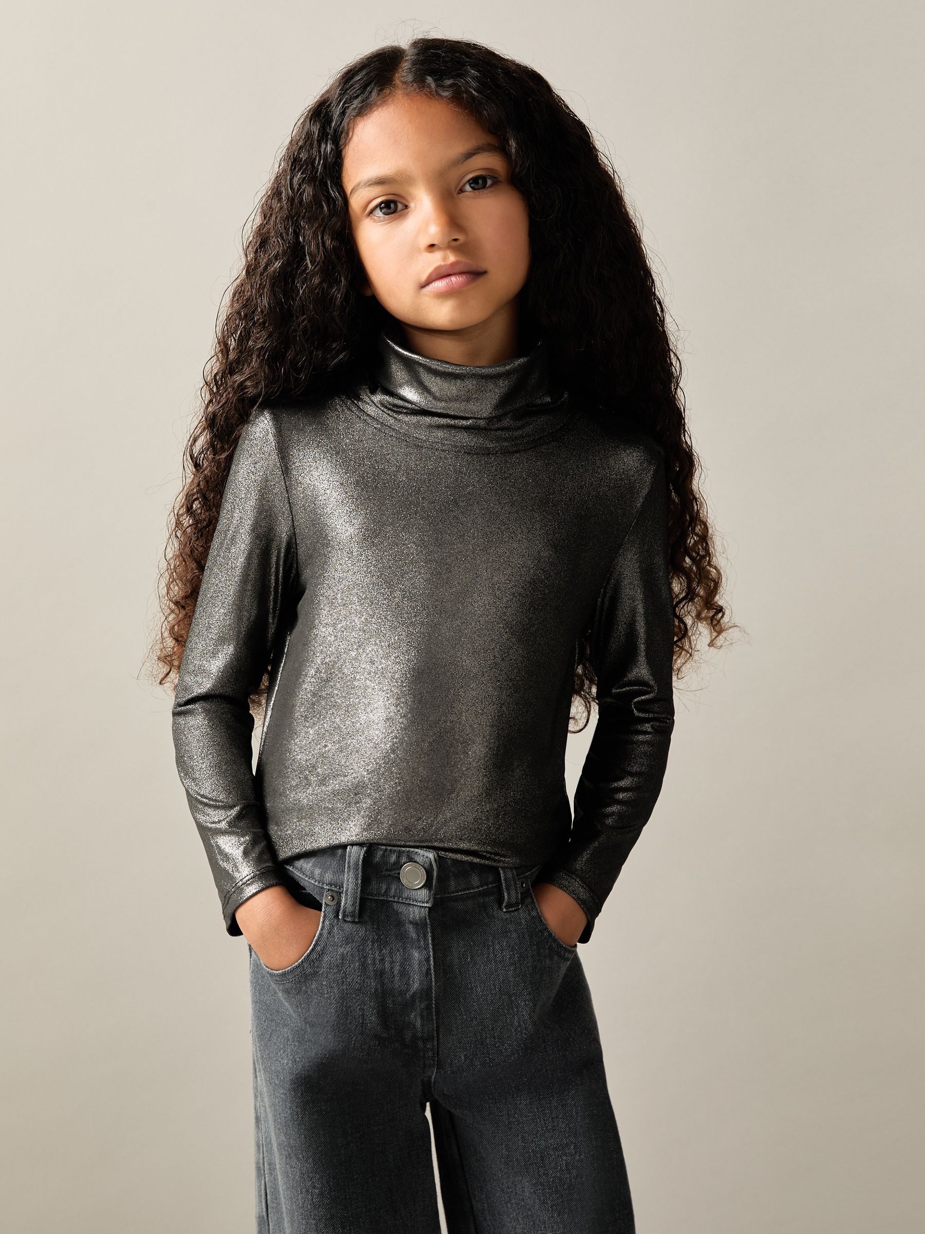 9-13 yrs Metallic-Thread Roll-Neck Top in Silver