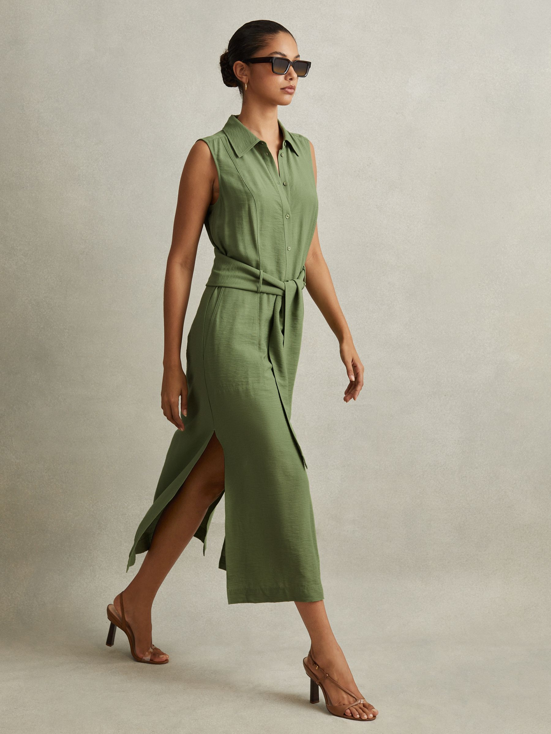 Viscose Blend Belted Shirt Dress in Green