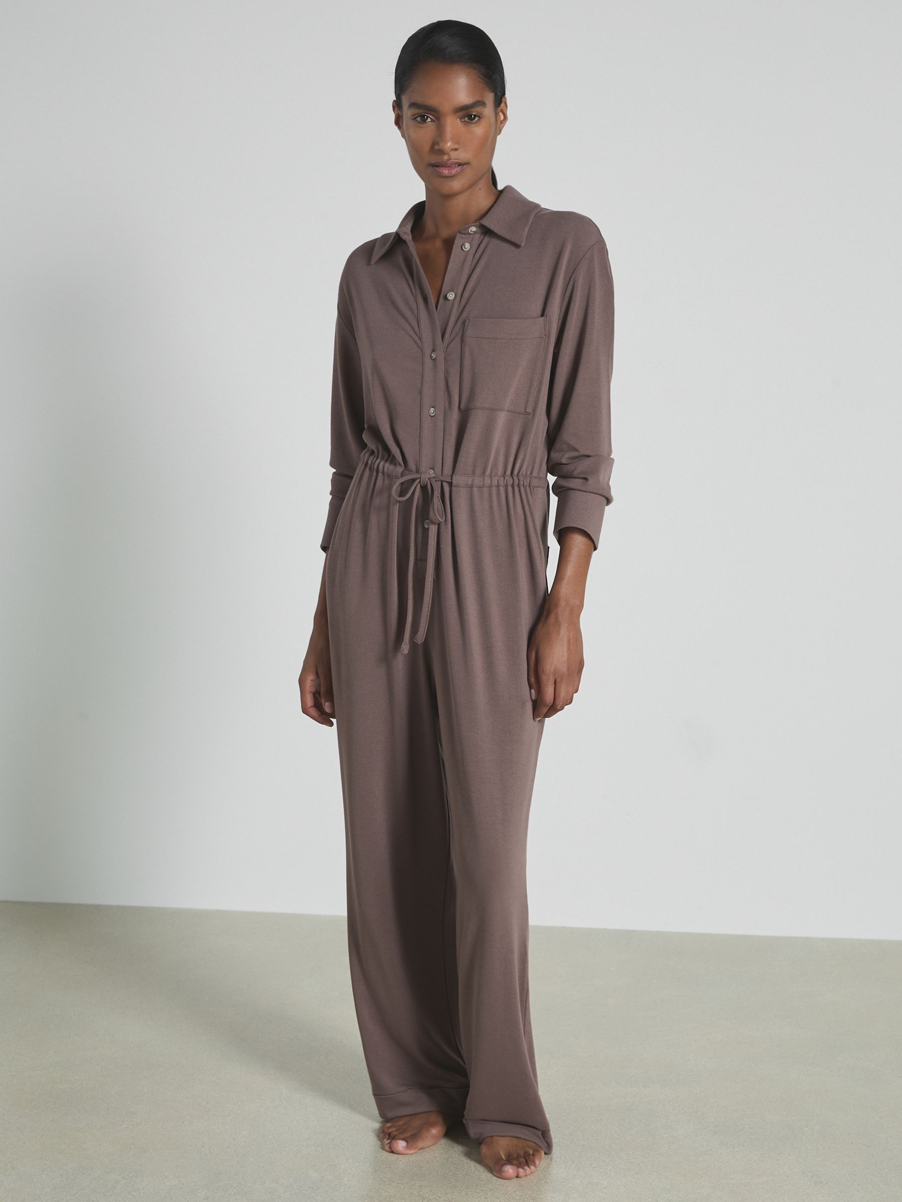 Thermal Jersey Drawstring Jumpsuit in Dark Mink