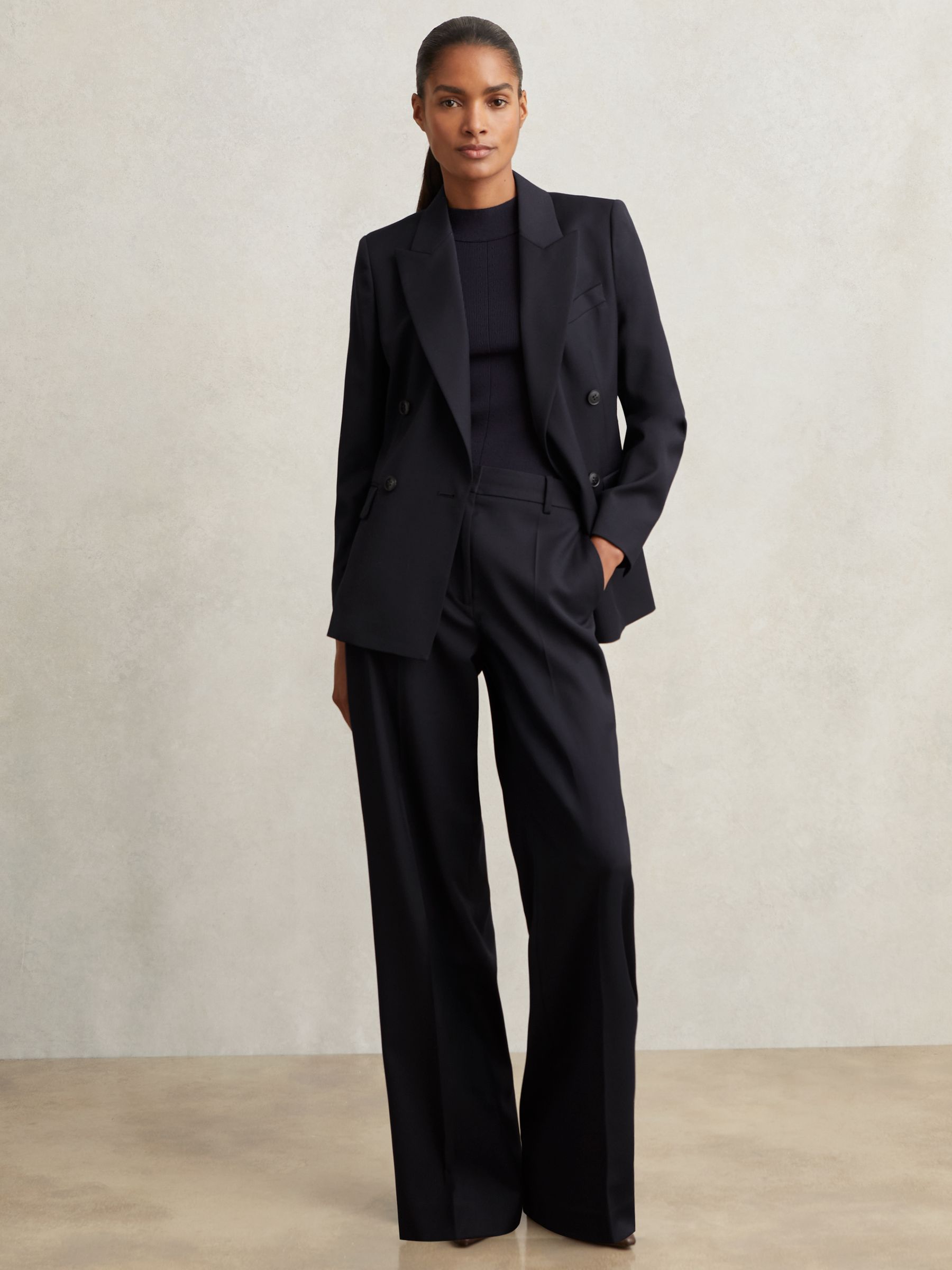 Wool-Blend Wide-Leg Suit Trousers in Navy