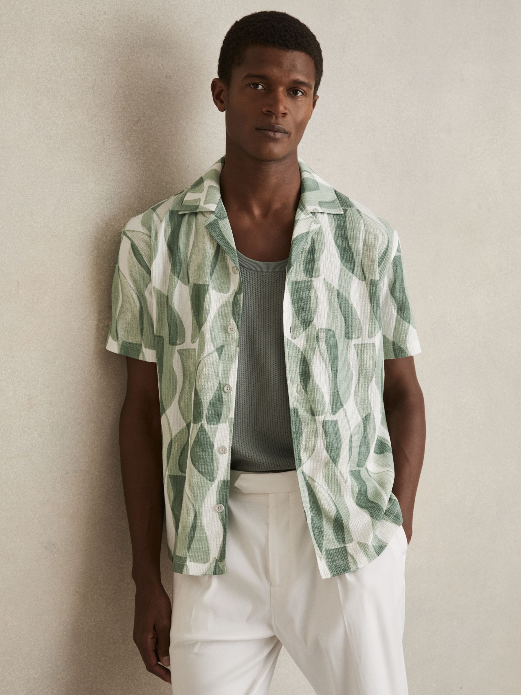 Printed Textured Cuban-Collar Shirt in Sage Green