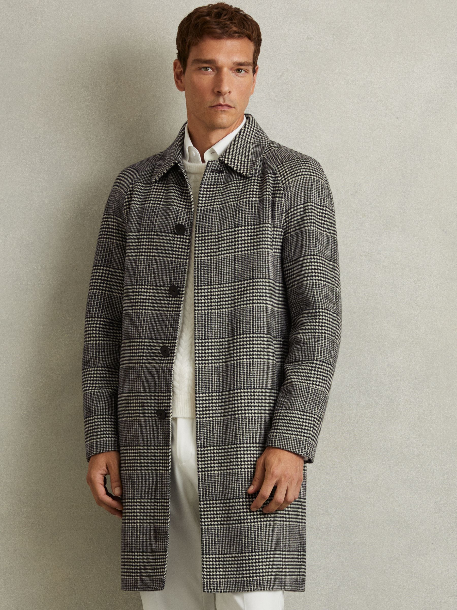 Checked Wool-Blend Car Coat in Black/White