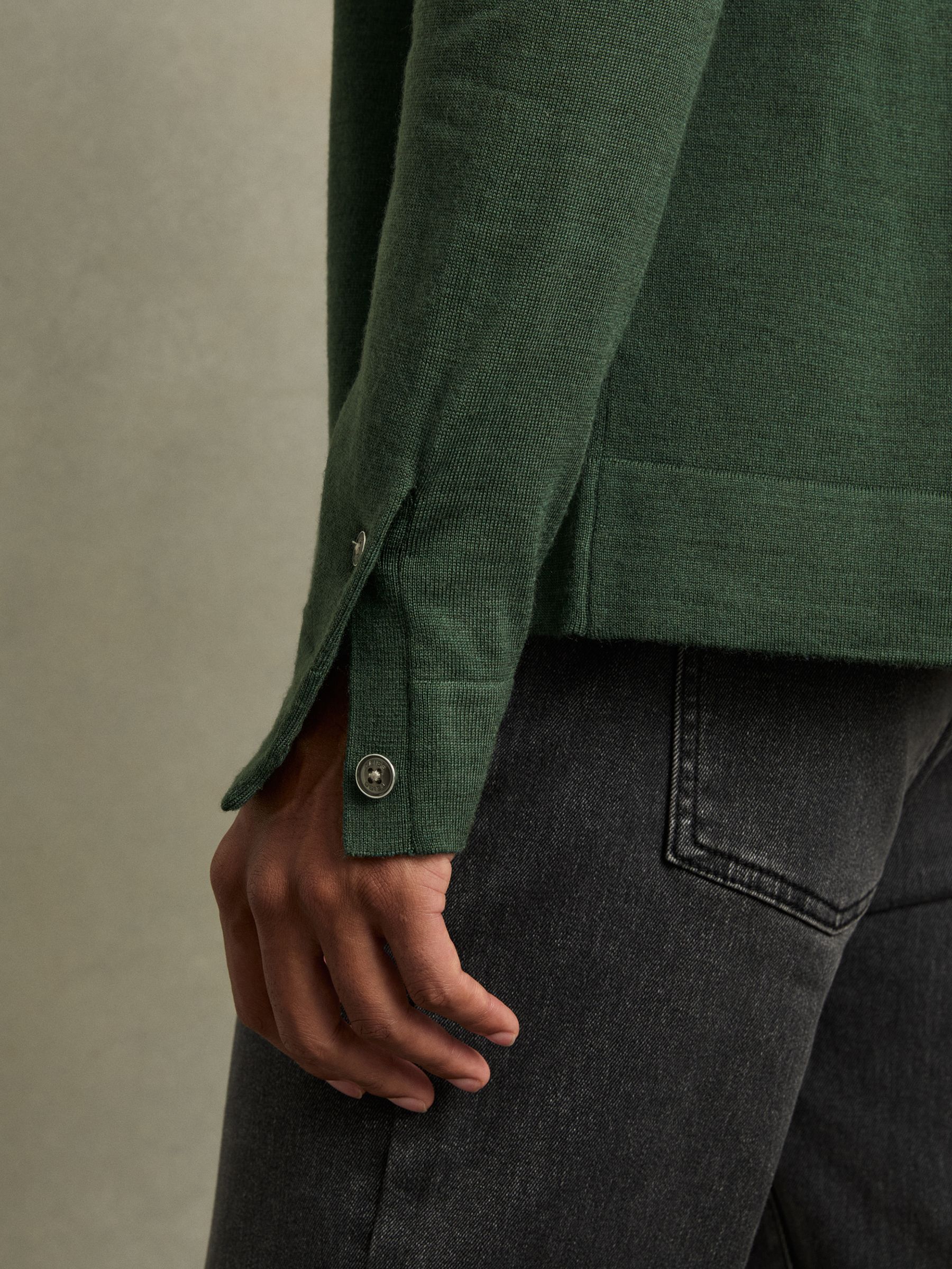 Merino Wool Button-Through Cardigan in Dark Kale Green