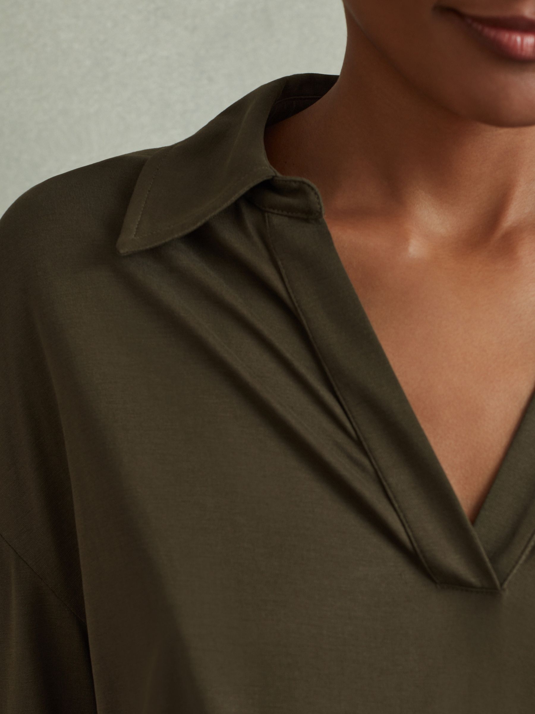 Victoria Khaki Ruched Jersey Open-Collar Mini Dress