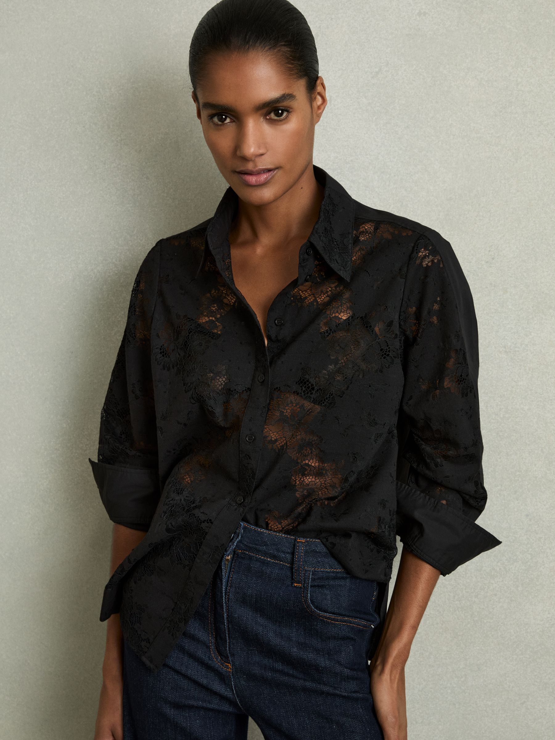 Lace-Front Shirt With Cotton in Black
