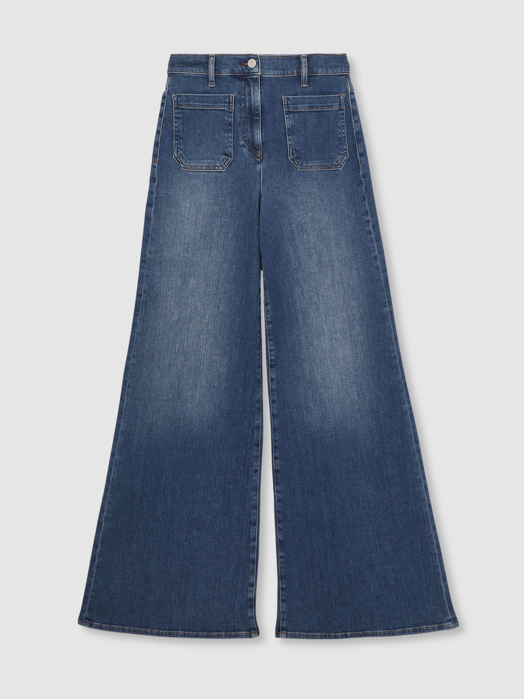 Patch Pocket Wide Leg Jeans in Mid Blue