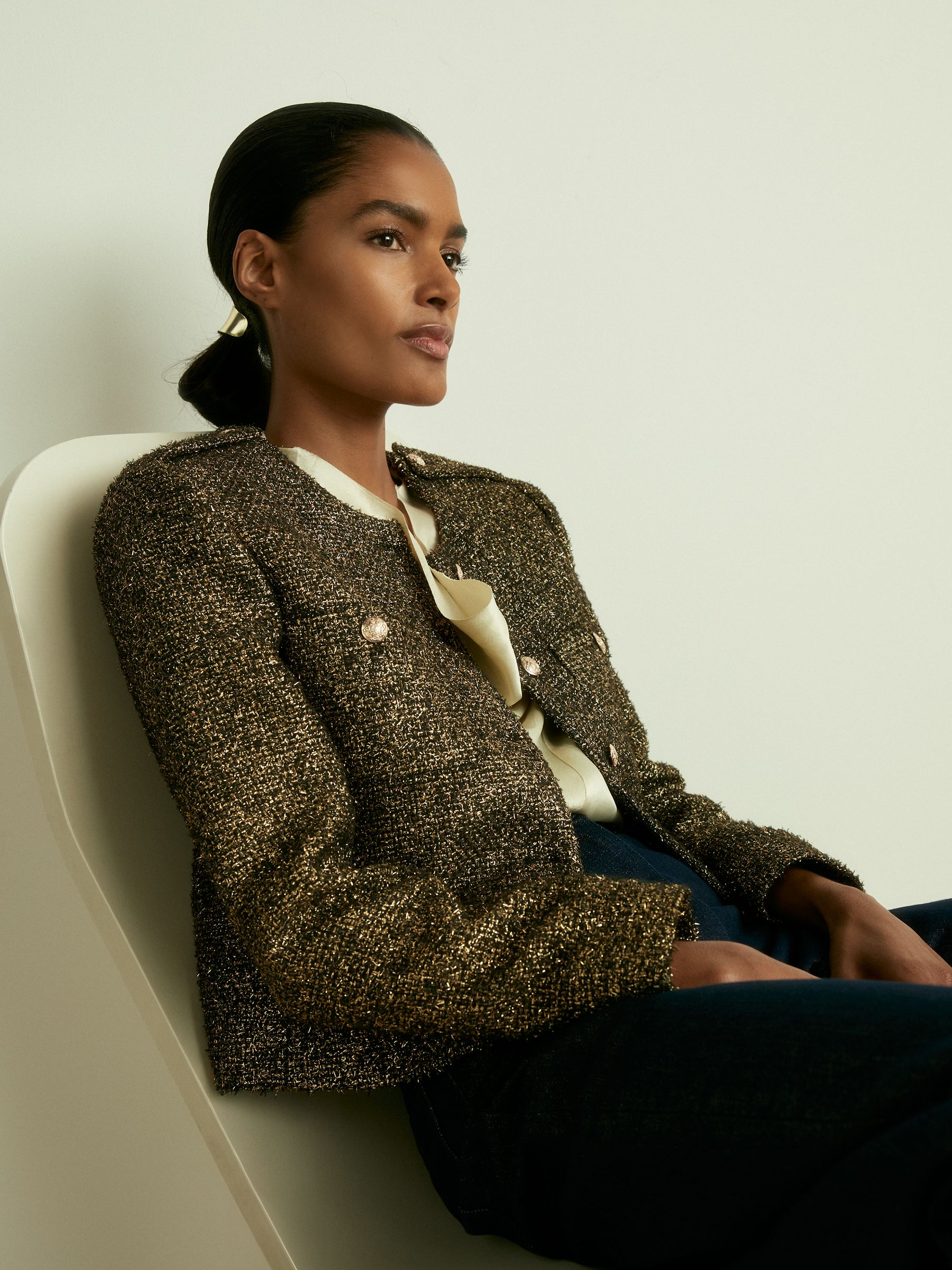 Petite Metallic Knit Cropped Jacket in Gold