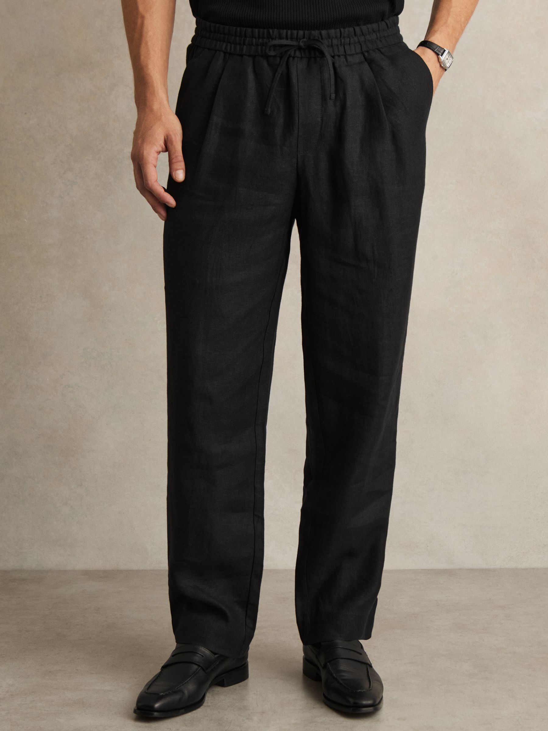 Linen Drawstring Relaxed-Fit Trousers in Black