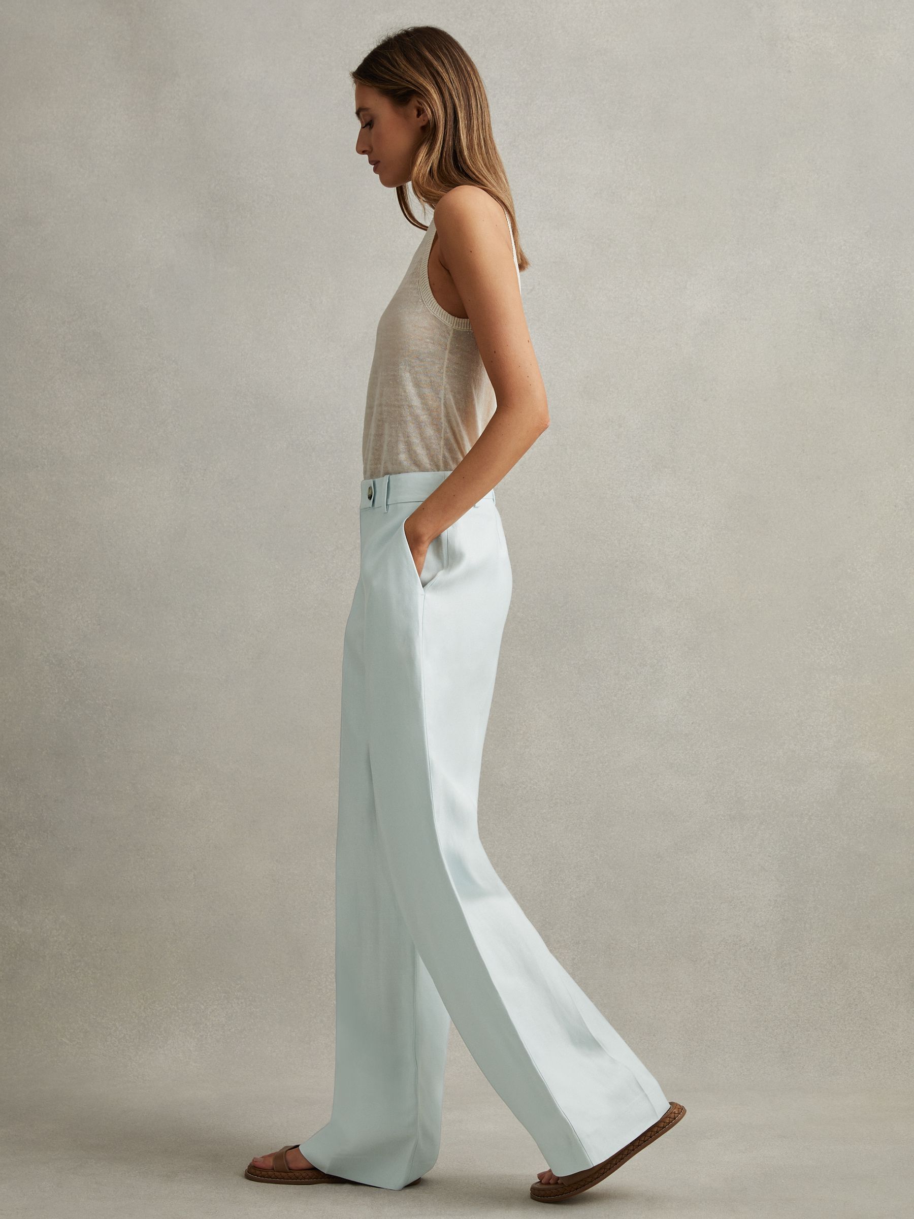 Viscose-Linen Wide Leg Suit Trousers in Blue