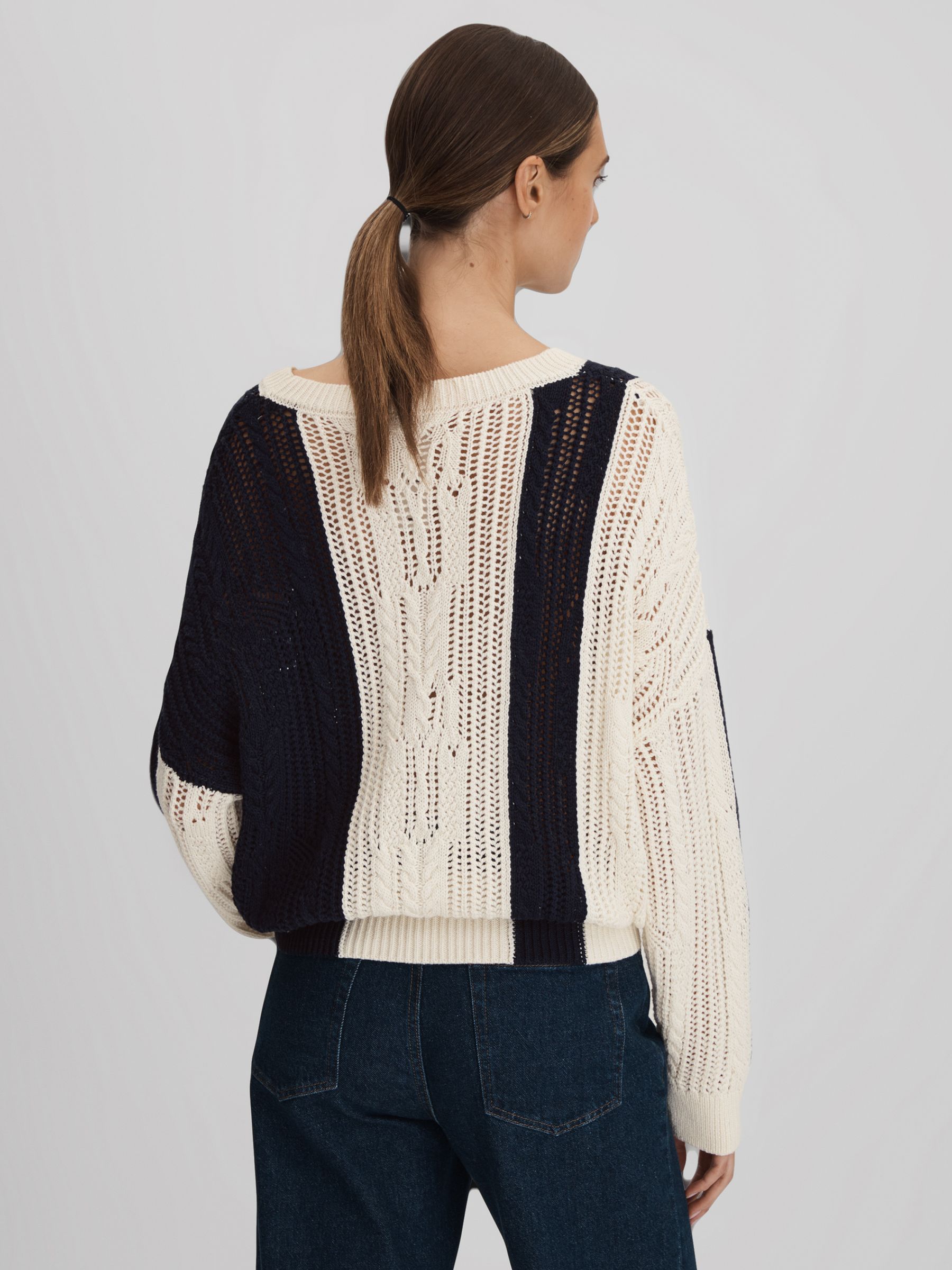 Cotton Blend Open Stitch Crew Neck Jumper in Cream/Navy