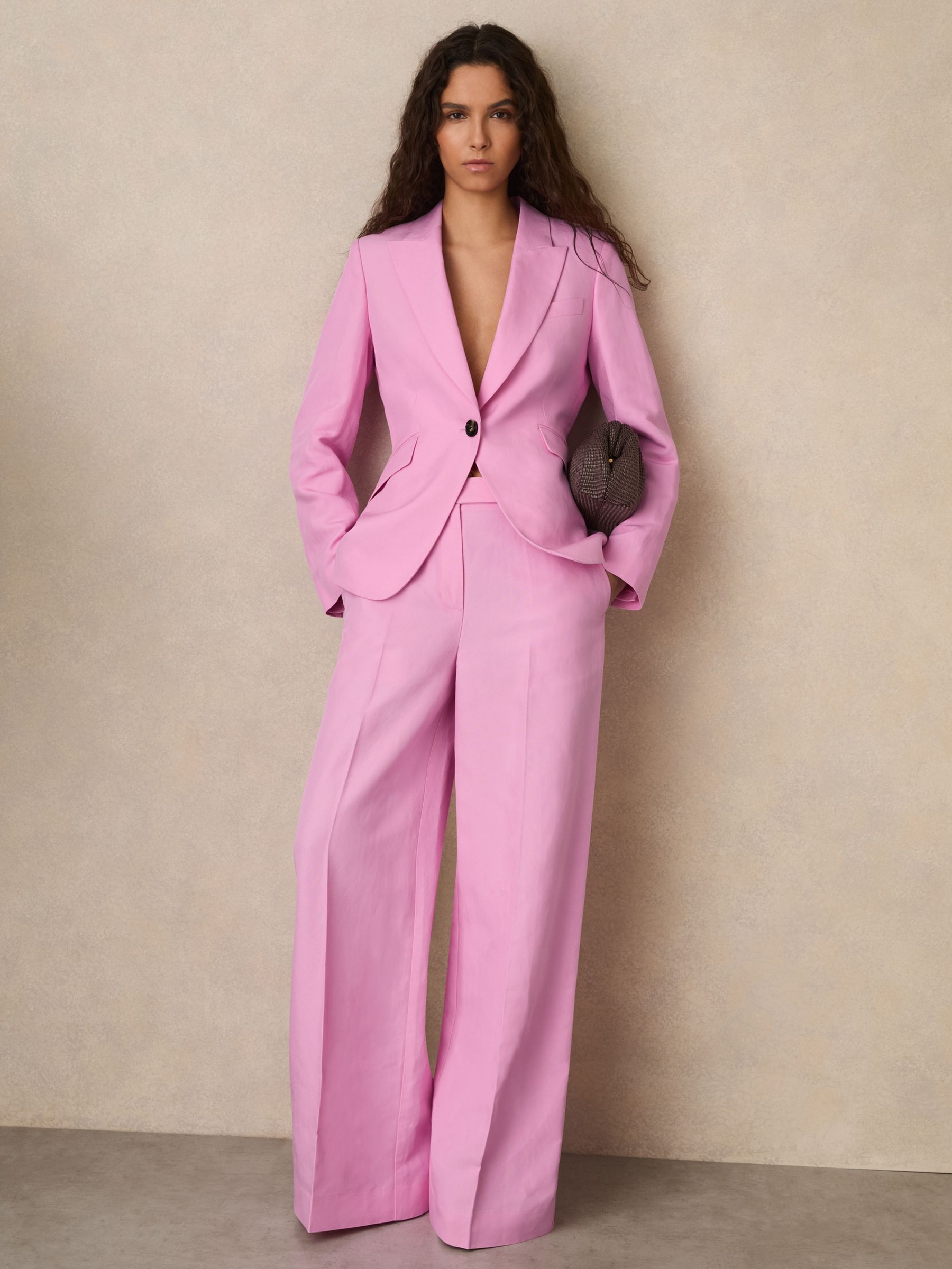 Petite Wide-Leg Trousers With Linen in Pink