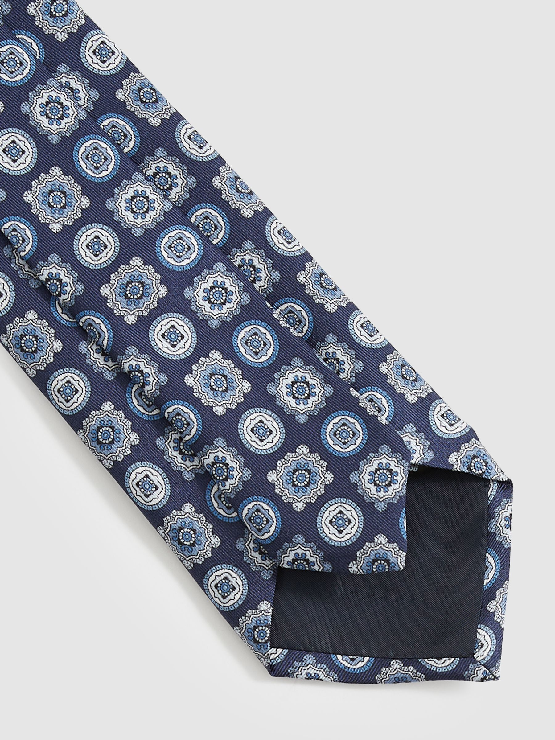 Silk Foulard Medallion Print Tie in Eclipse Blue