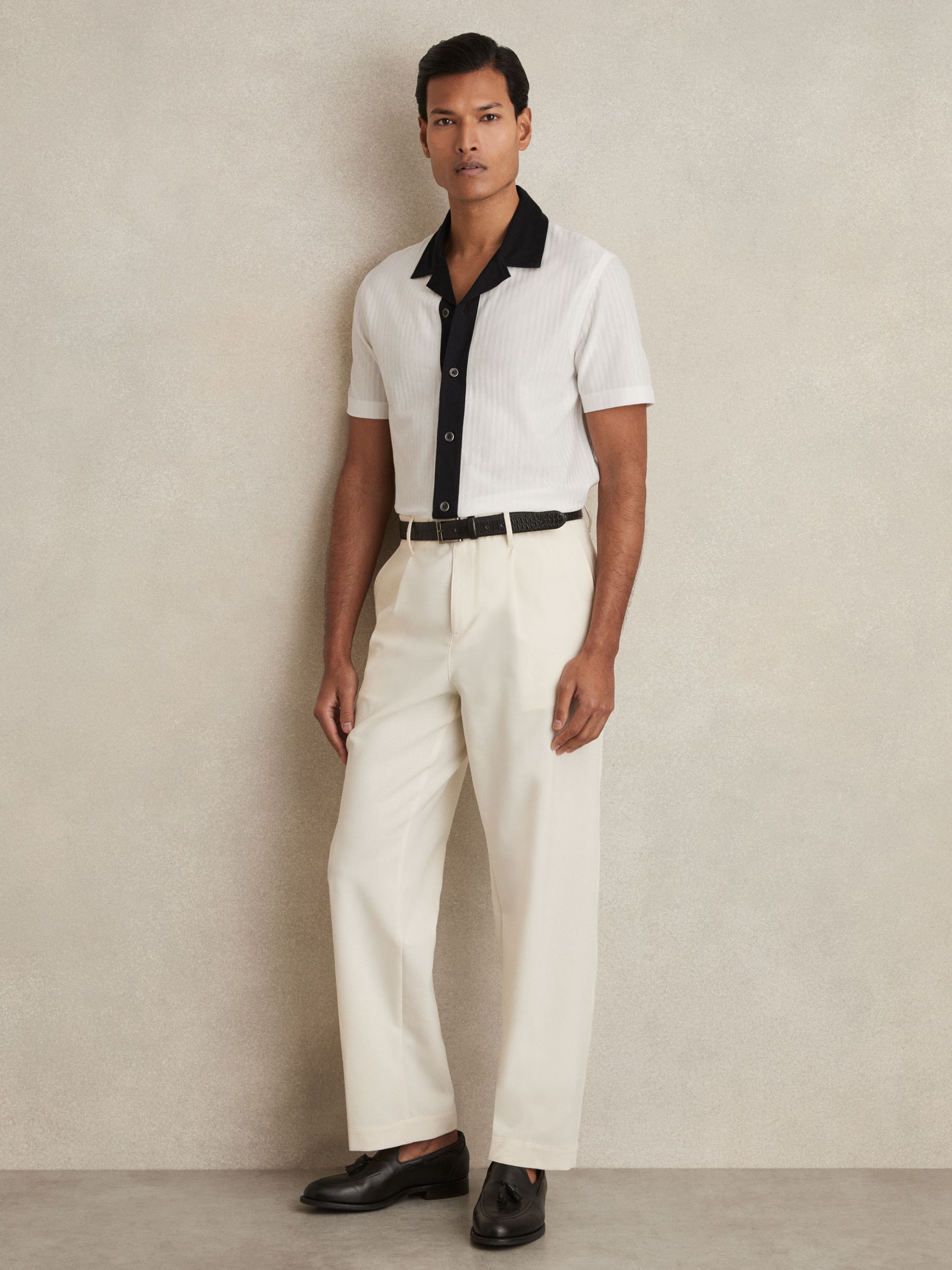 Cotton Textured Colour-Block Shirt in White/Navy