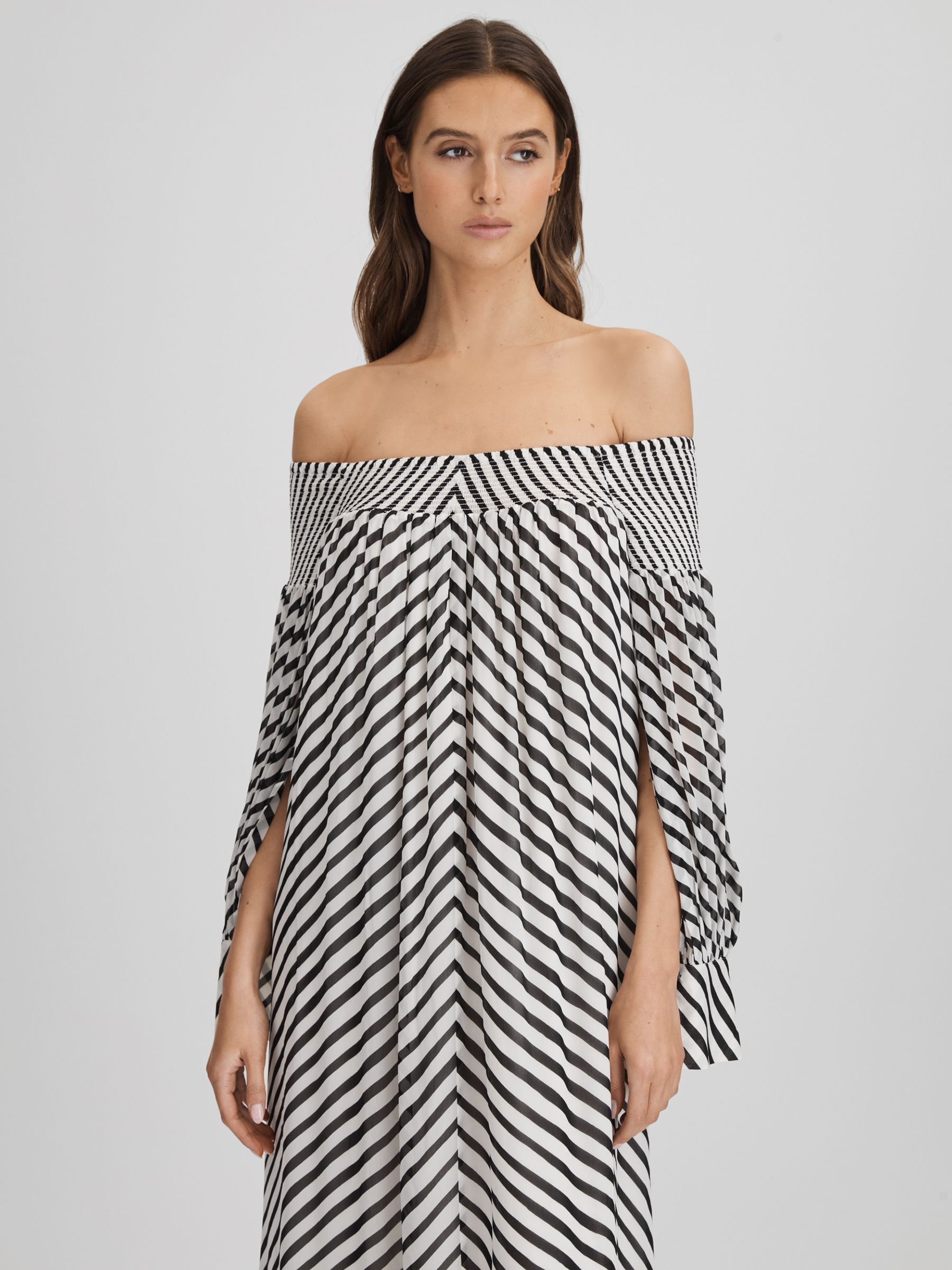 Striped Bardot Maxi Dress in Black/Cream