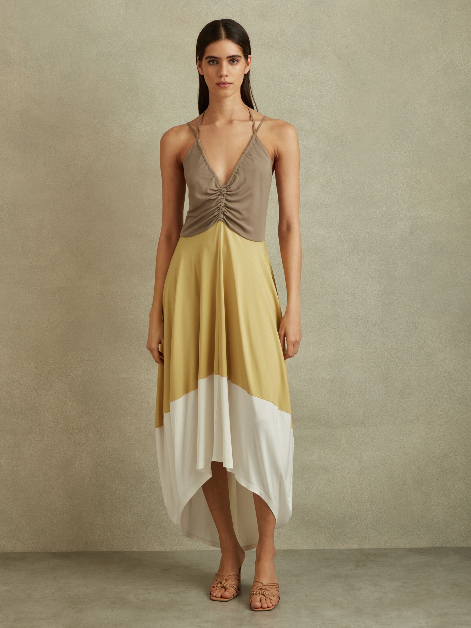 Colourblock Ruched Midi Dress in Yellow/Neutral