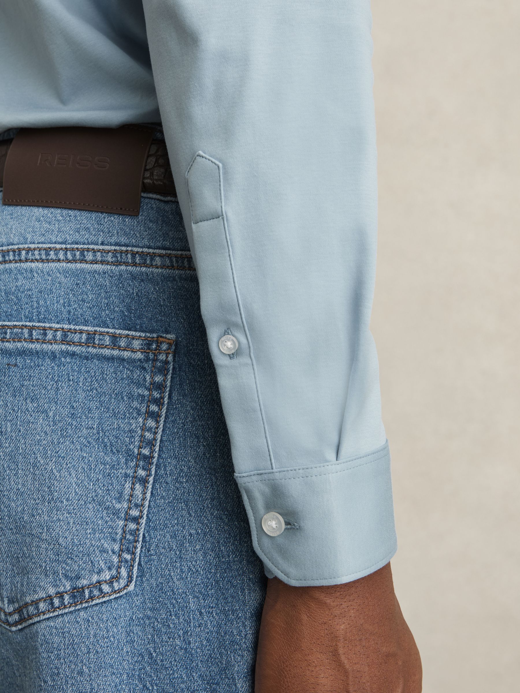 Cotton Jersey Button Through Shirt in Soft Blue