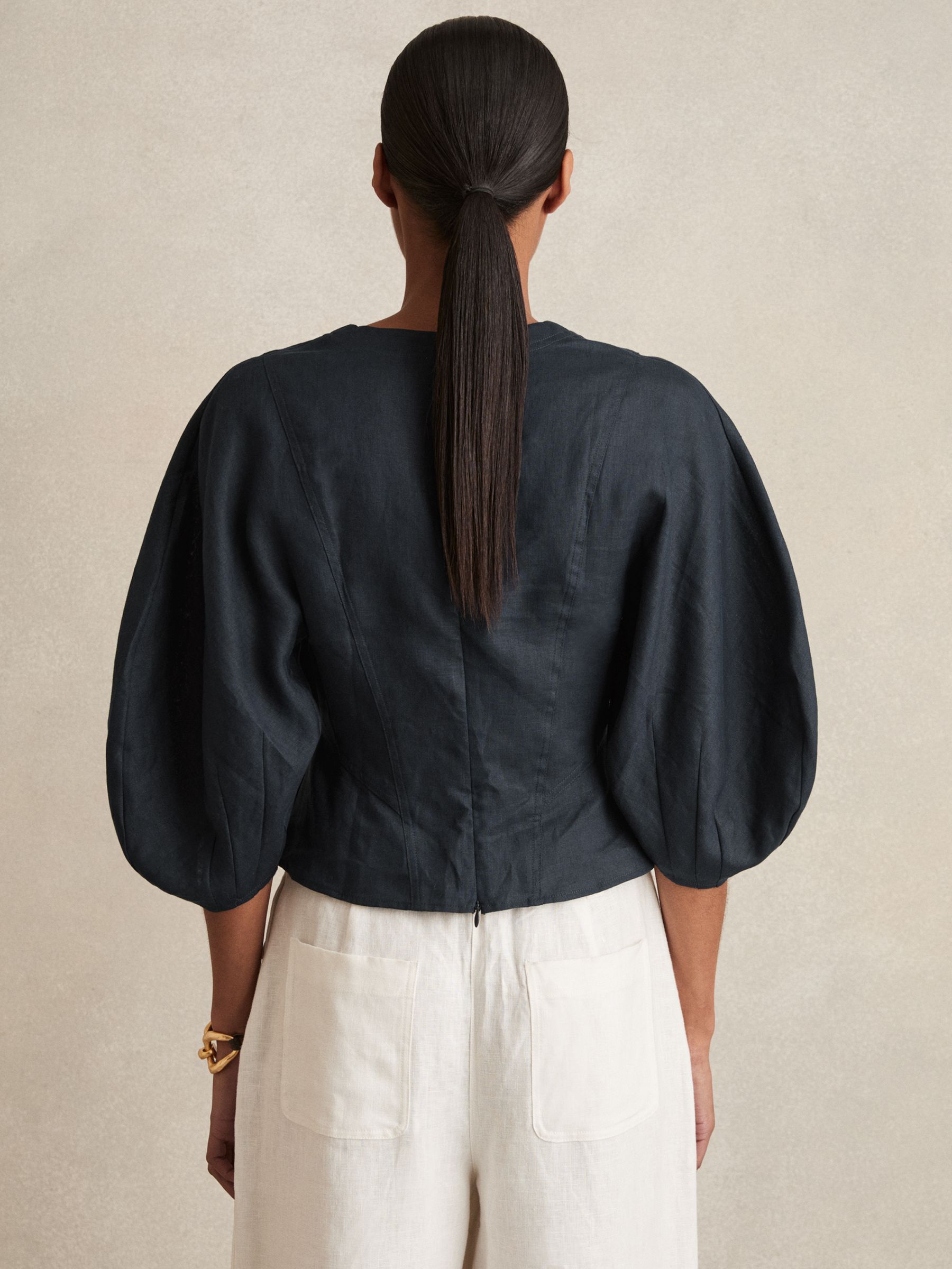 Linen Balloon-Sleeve Top in Navy