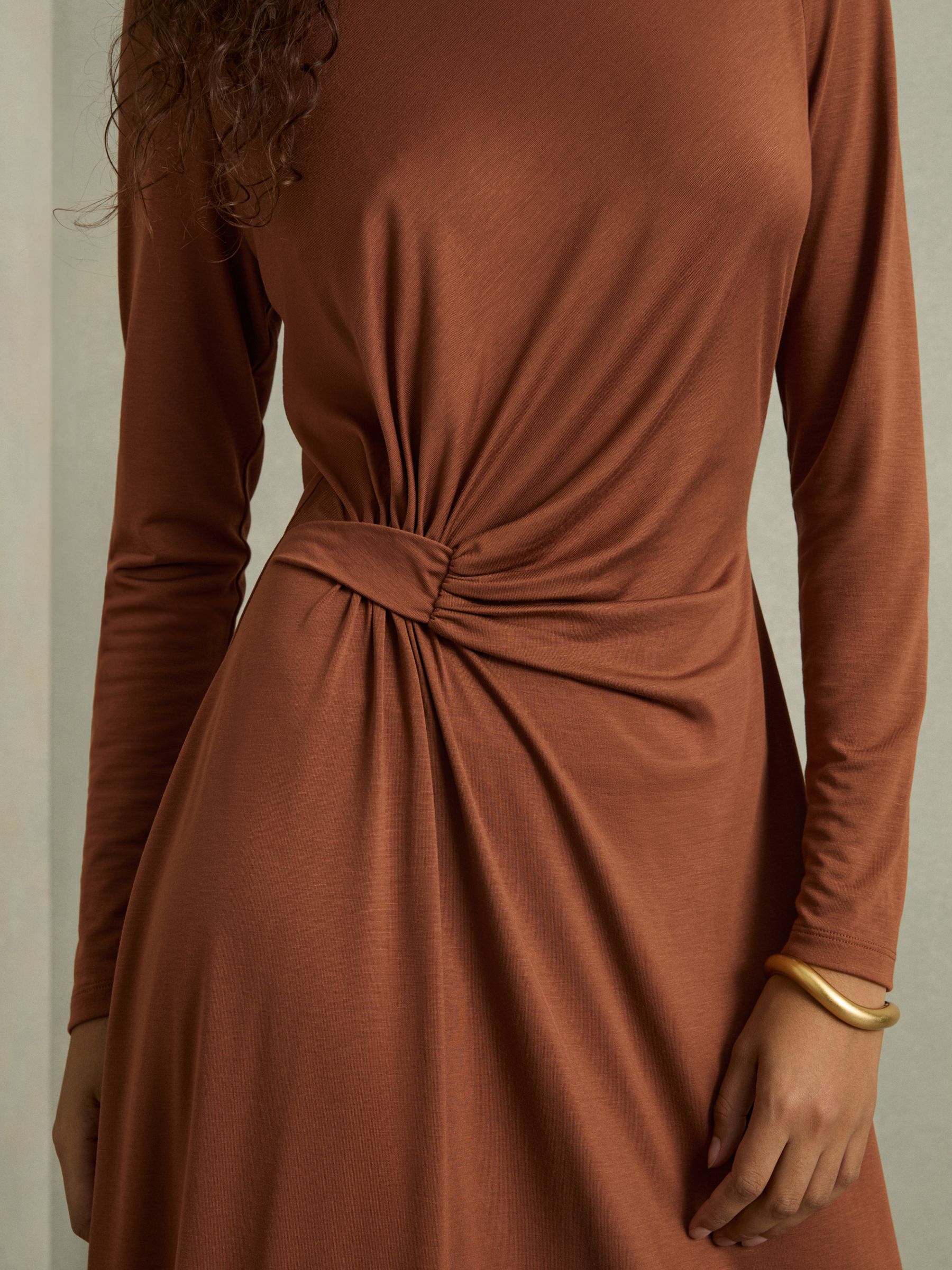 Petite Draped Jersey Midi Dress in Camel