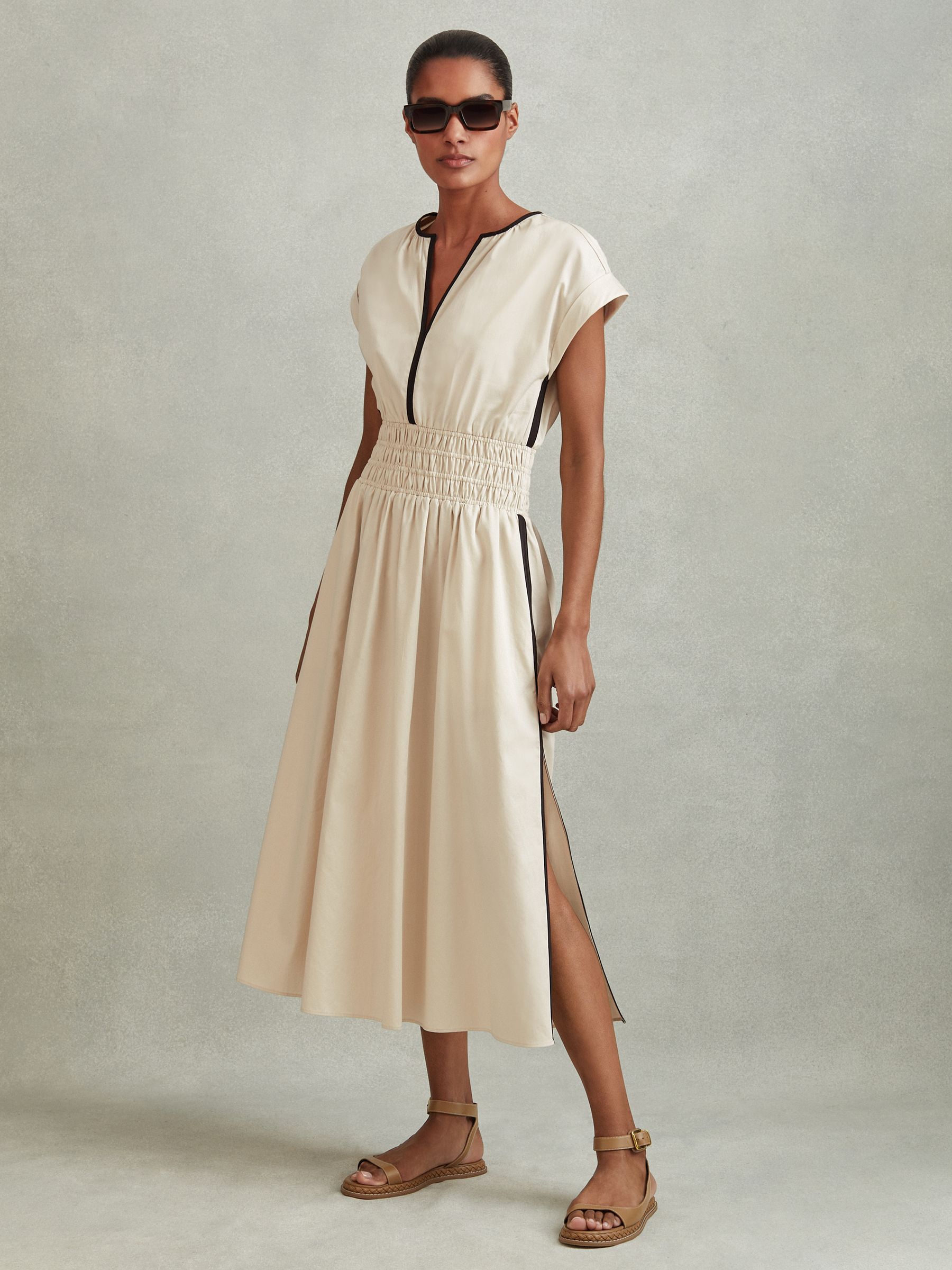 Cotton Ruched Waist Midi Dress in Neutral/Black