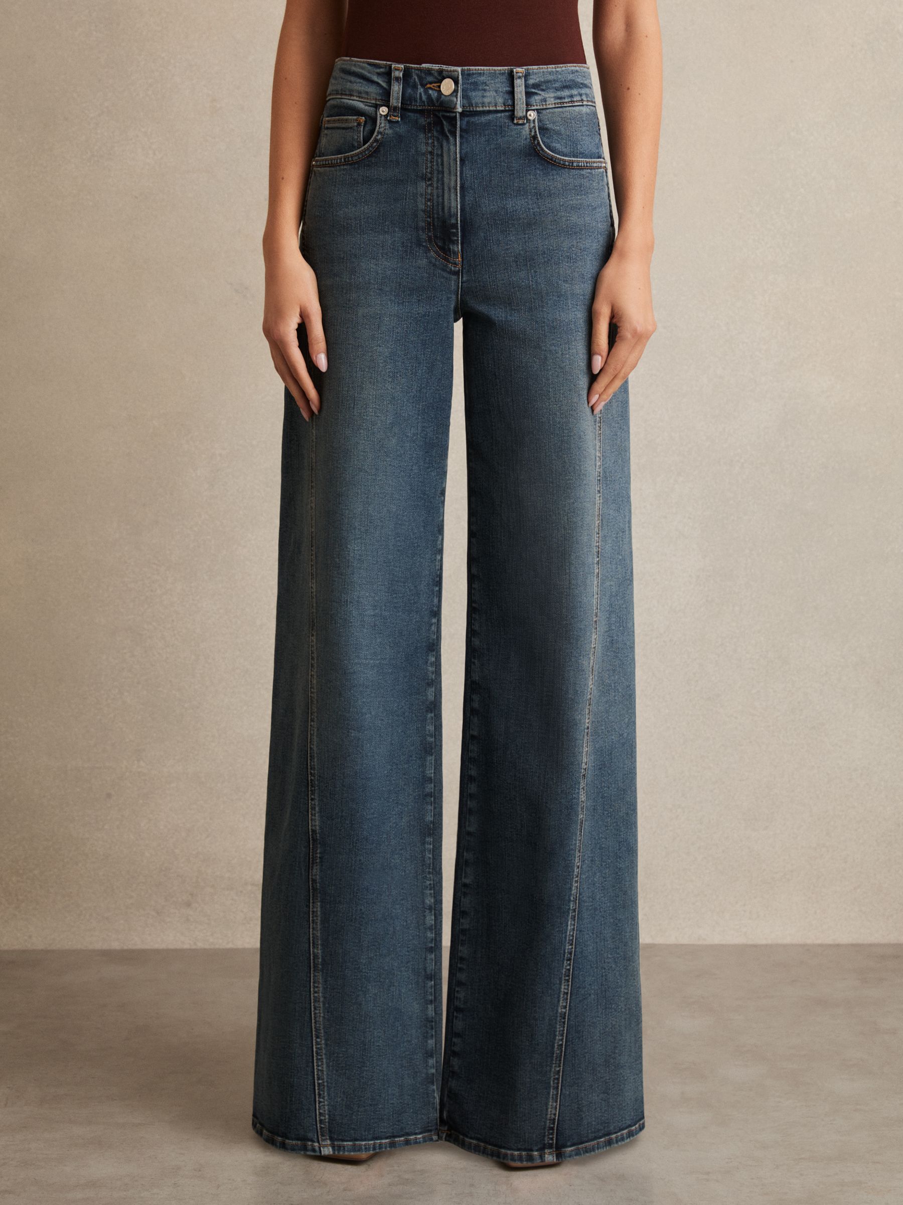 Twist Seam Wide Leg Jeans in Mid Blue