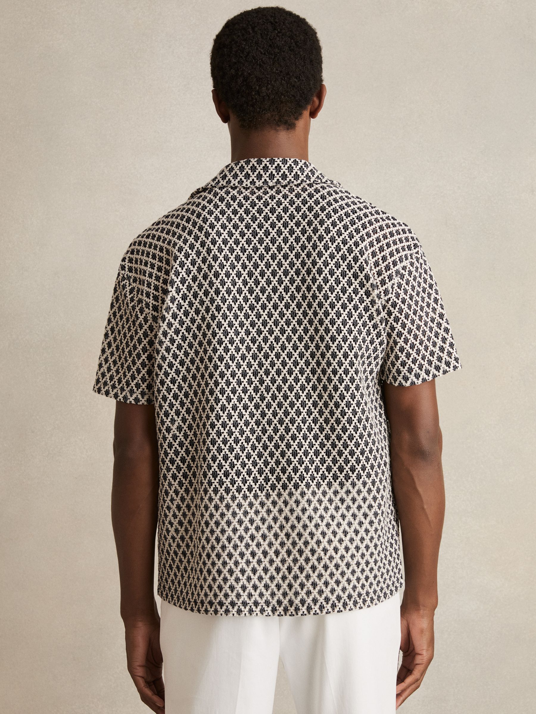 Geometric-Crochet Cuban-Collar Shirt in Navy/White