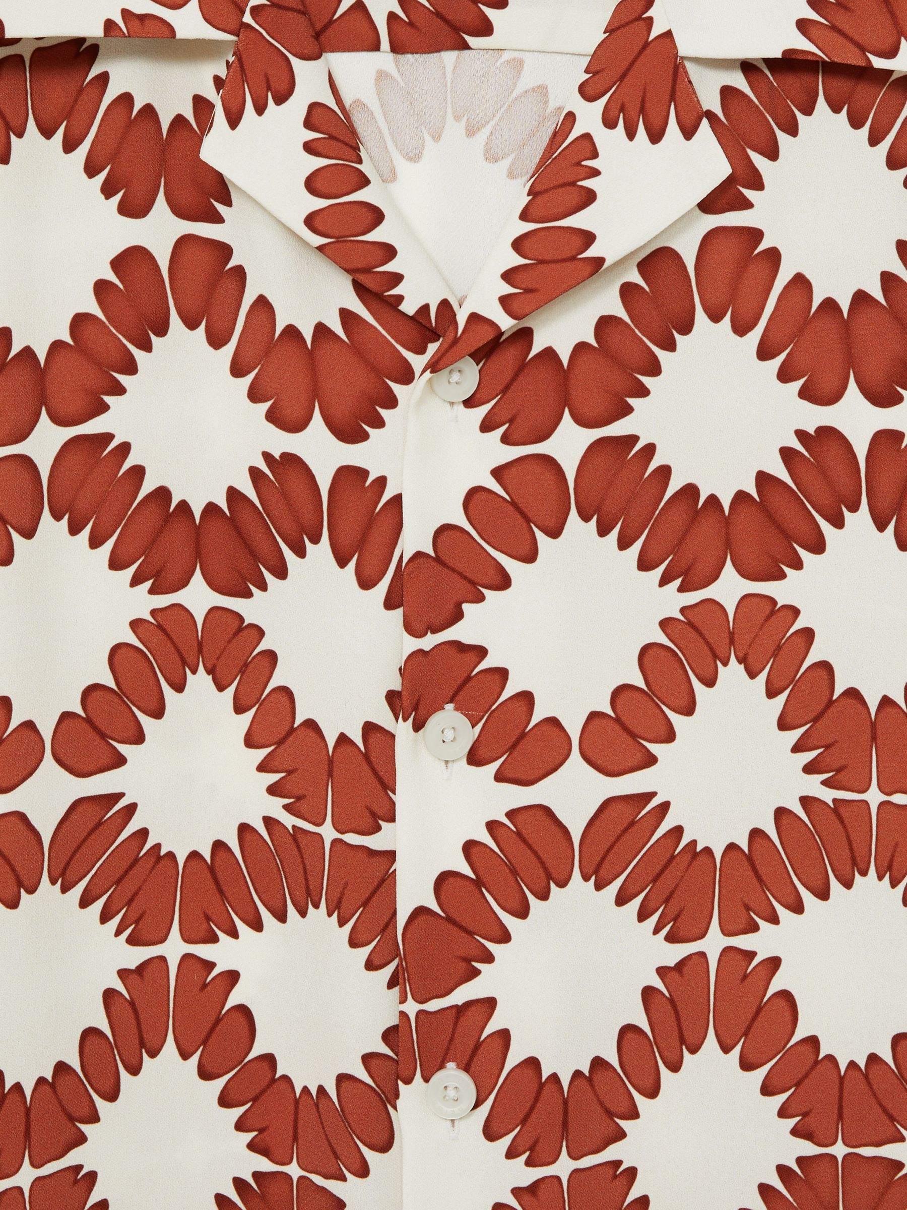 Abstract Floral Print Cuban Shirt in Off White/Rust