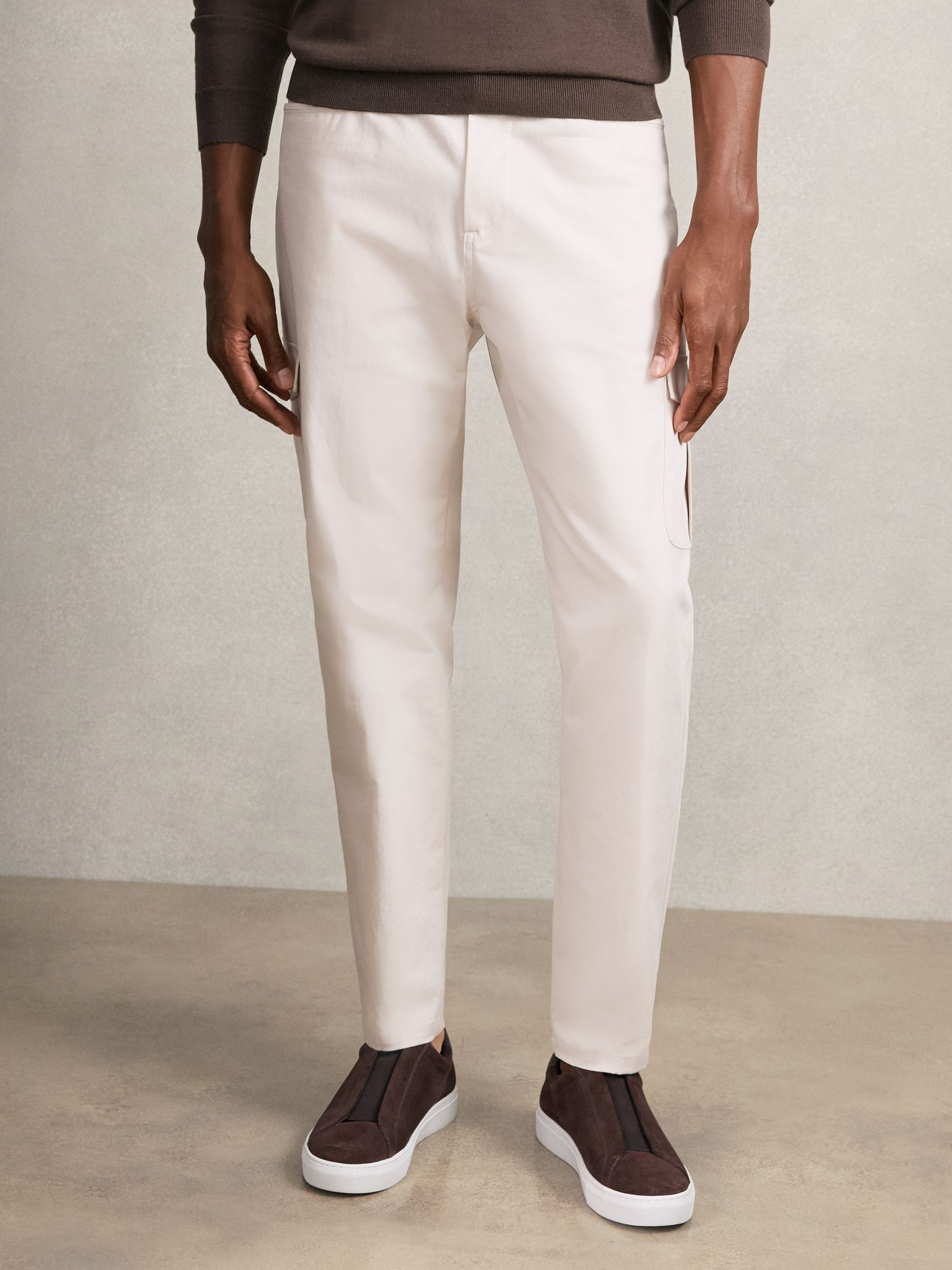 Cotton Tapered Cargo Trousers With Stretch in Stone