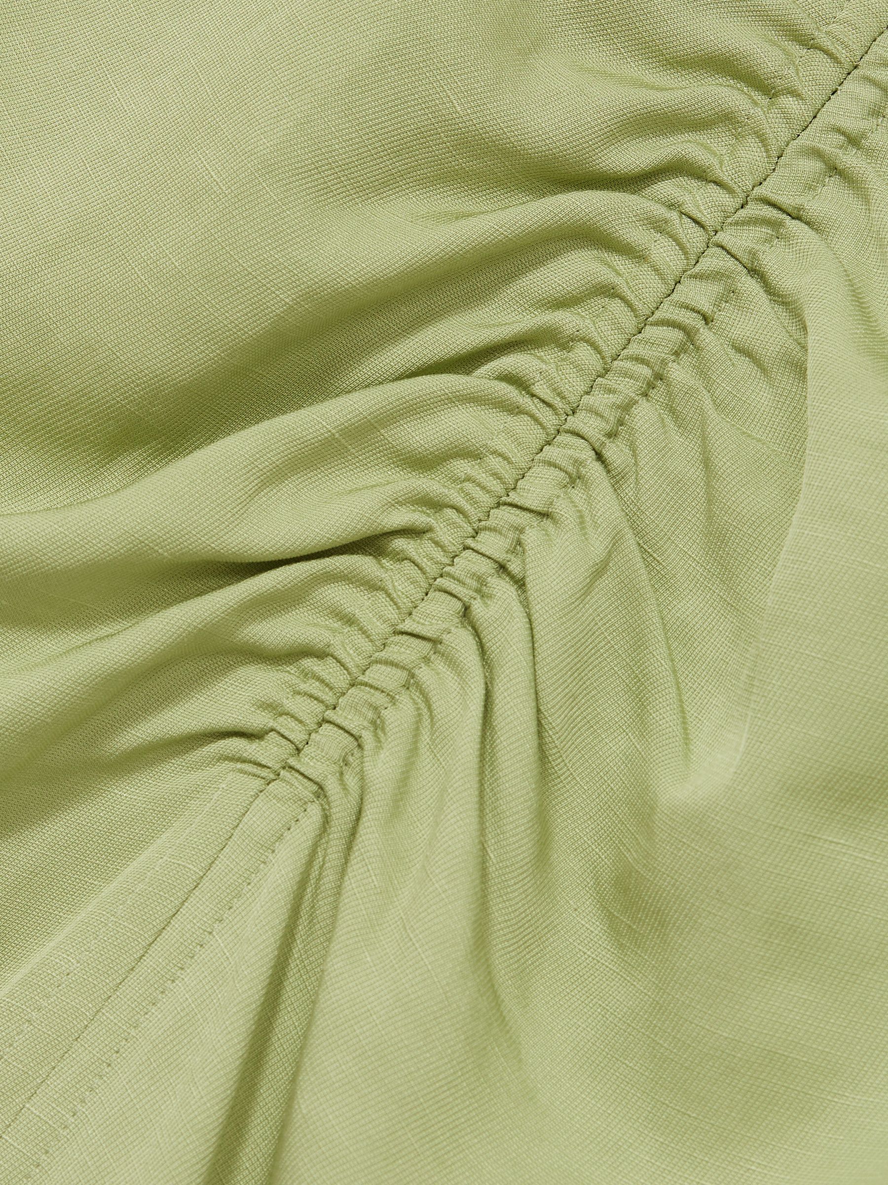 Ruched Sleeveless Midi Dress With Linen in Green