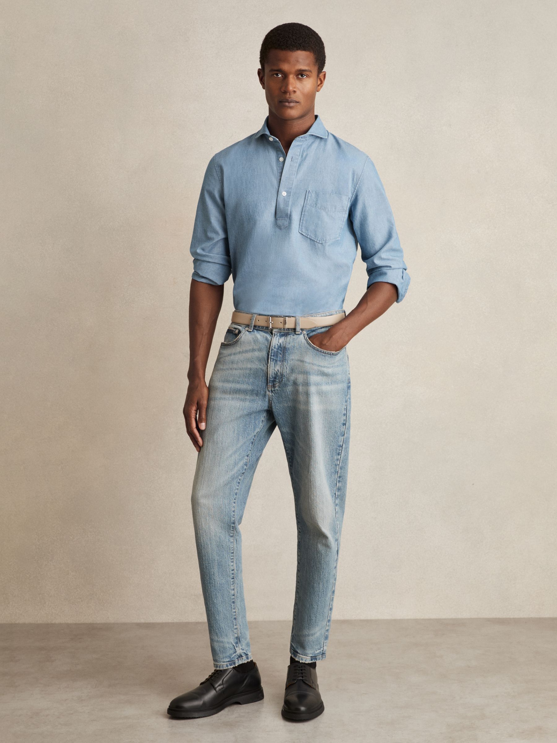 Cotton Cutaway-Collar Denim Shirt in Light Wash Indigo