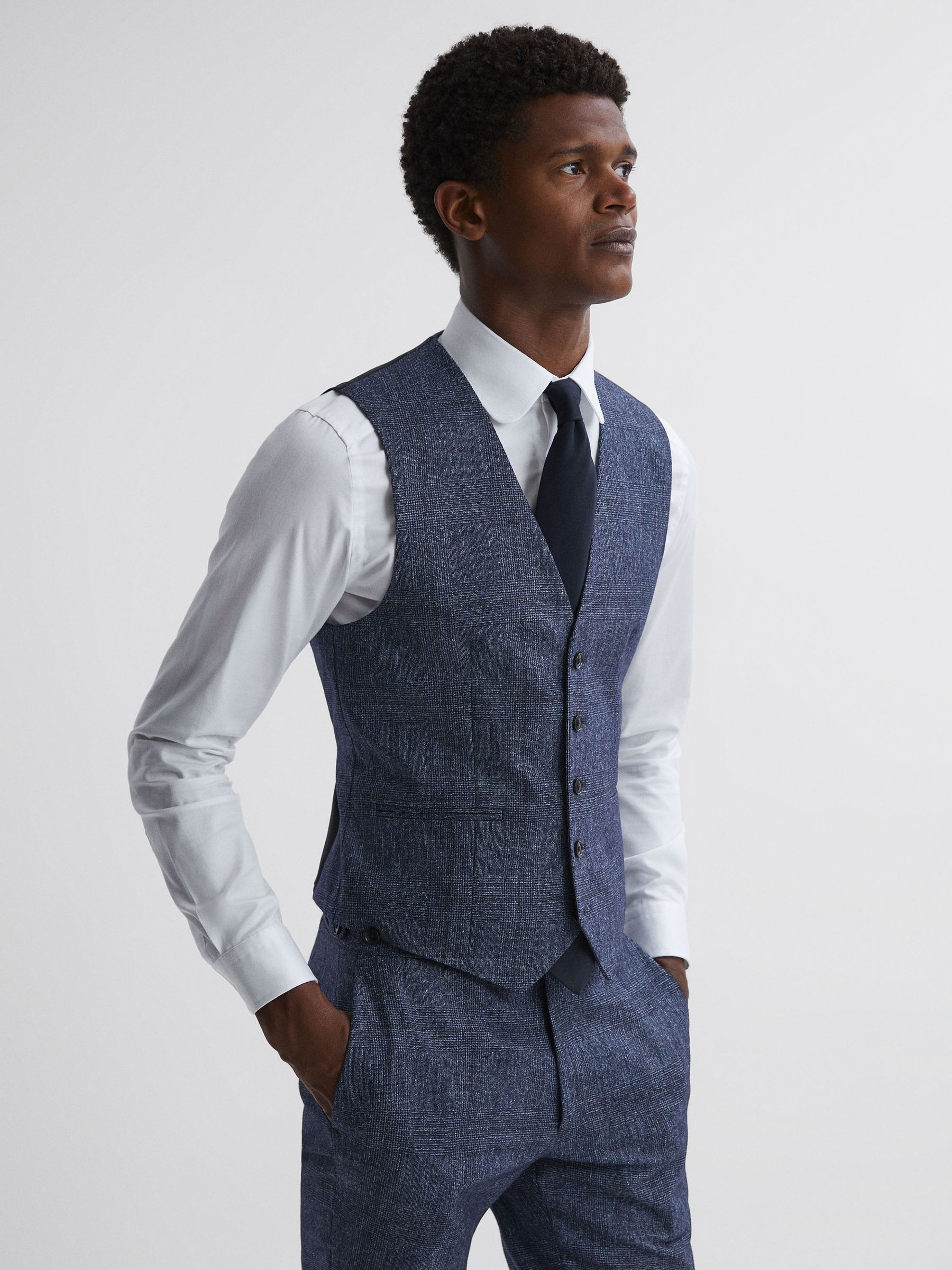 Slim Fit Wool-Linen Check Waistcoat in Indigo